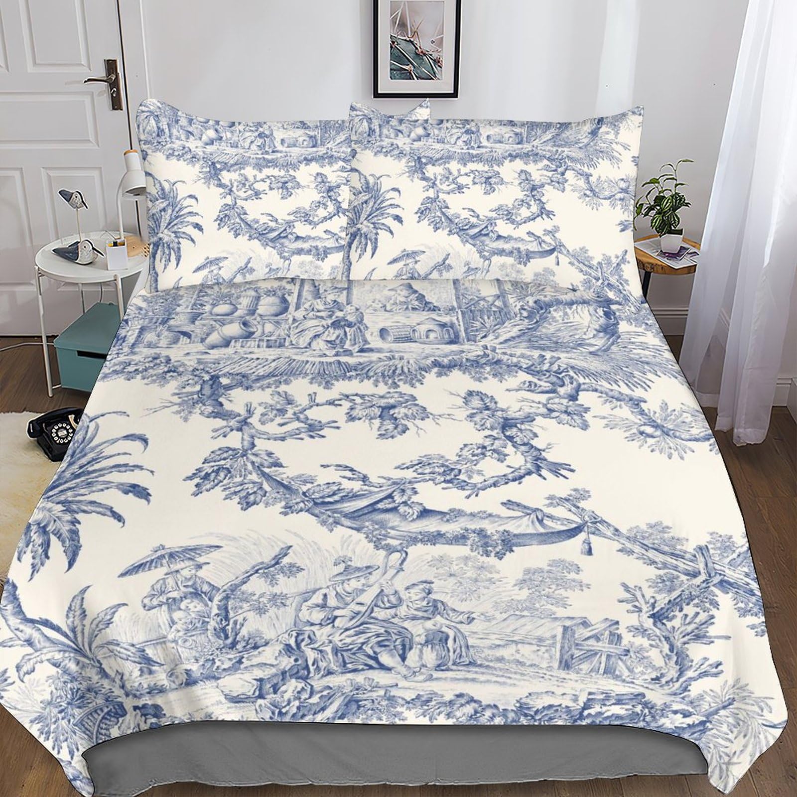 Motivo de Toile De Jouy Juego De Funda Nórdica con Estampado 3D Juegos De Cama con Cierre De Cremallera Oculta, Funda De Edredón De Poliéster De Microfibra 3 Piezas King（220x240cm）