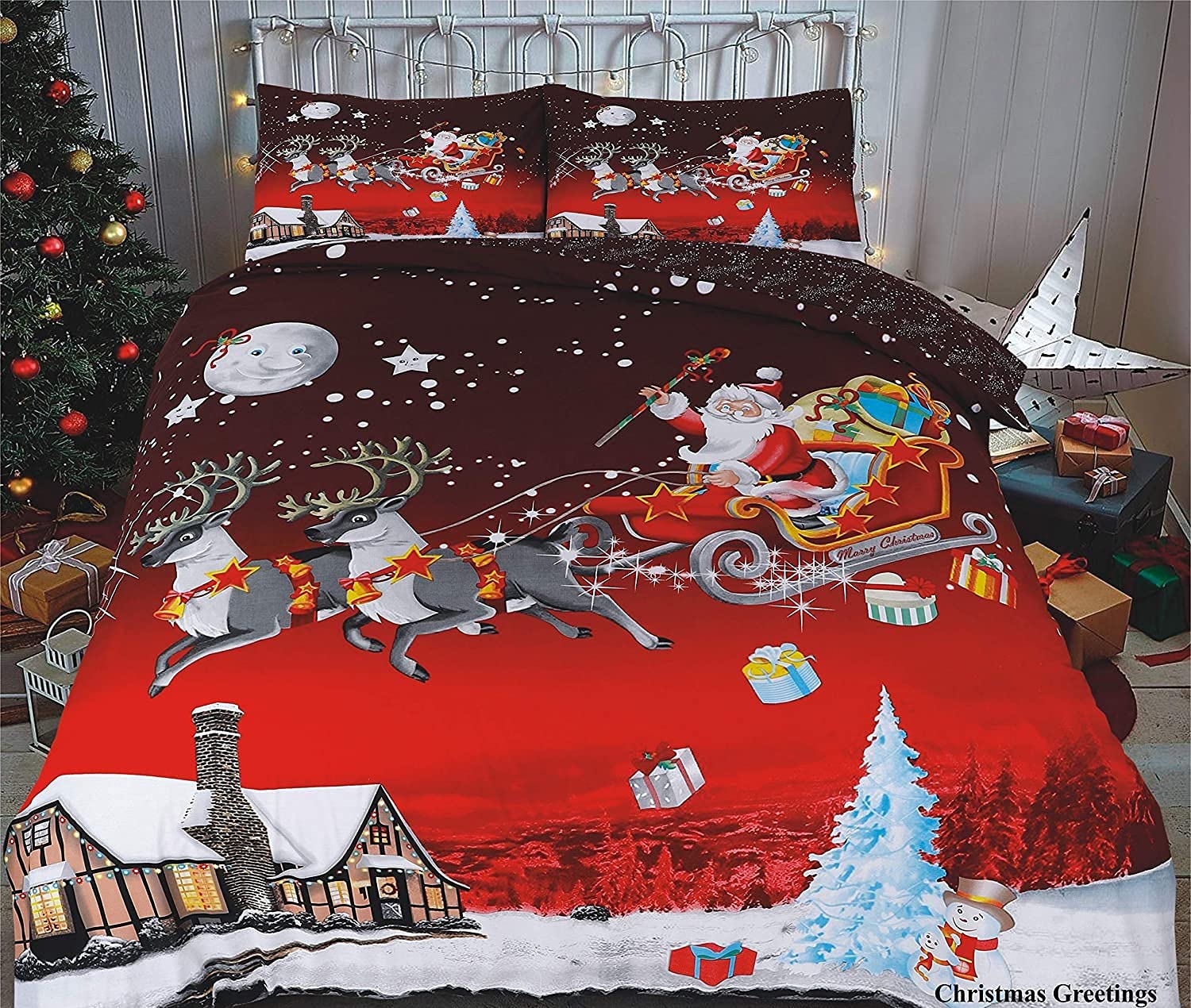 Maria Luxury Bedding & Linen Super King Festive Christmas Greetings Duvet Cover Set With Matching Pillowcases Festive Design (Super King)