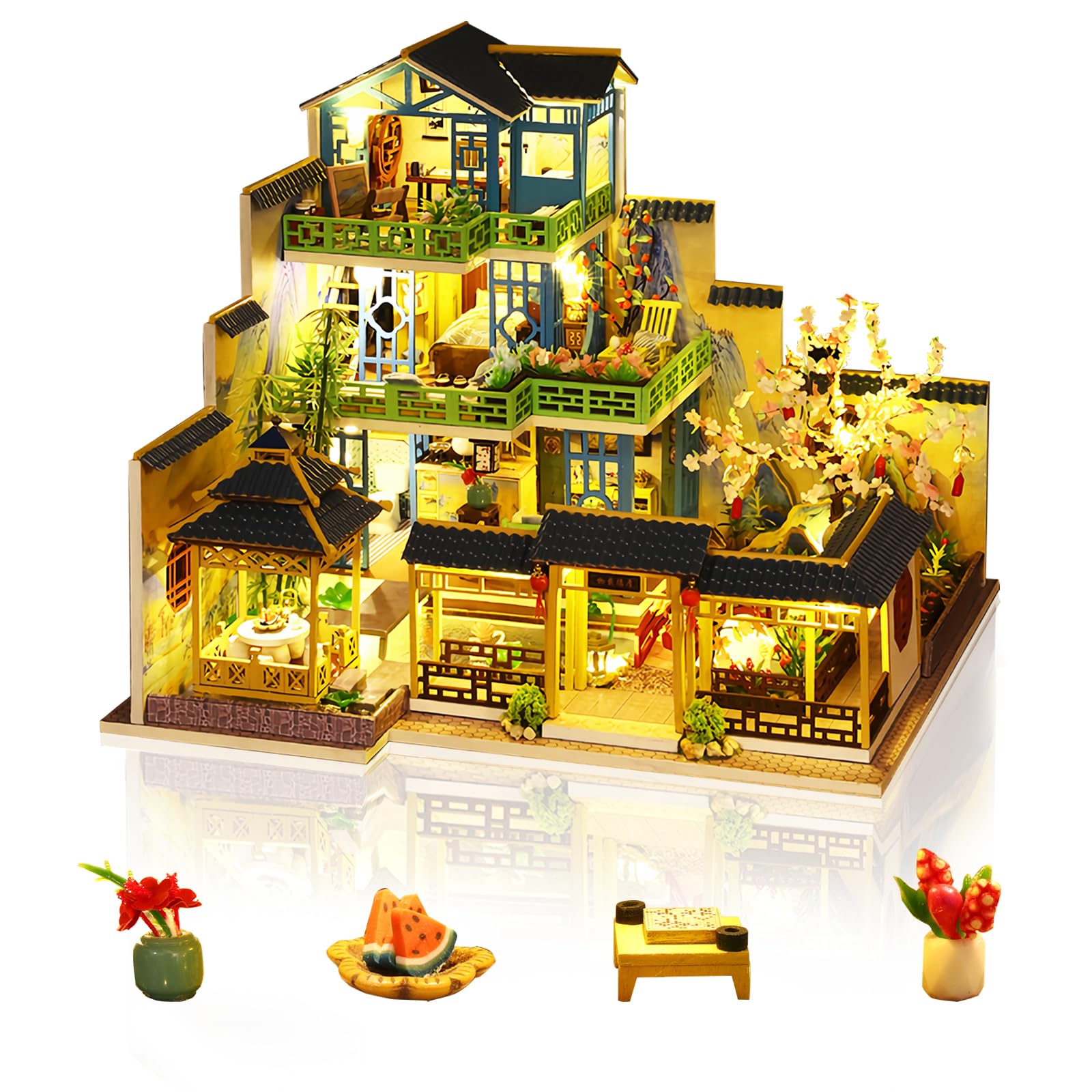 Cuteefun Casa delle Bambole con luce LED, Artigianato in Legno Unico, Adatto per Adulti e Adolescenti, Costruite la Casa dei Vostri Sogni, Compleanno Regali di Natale (Cortile Verde)
