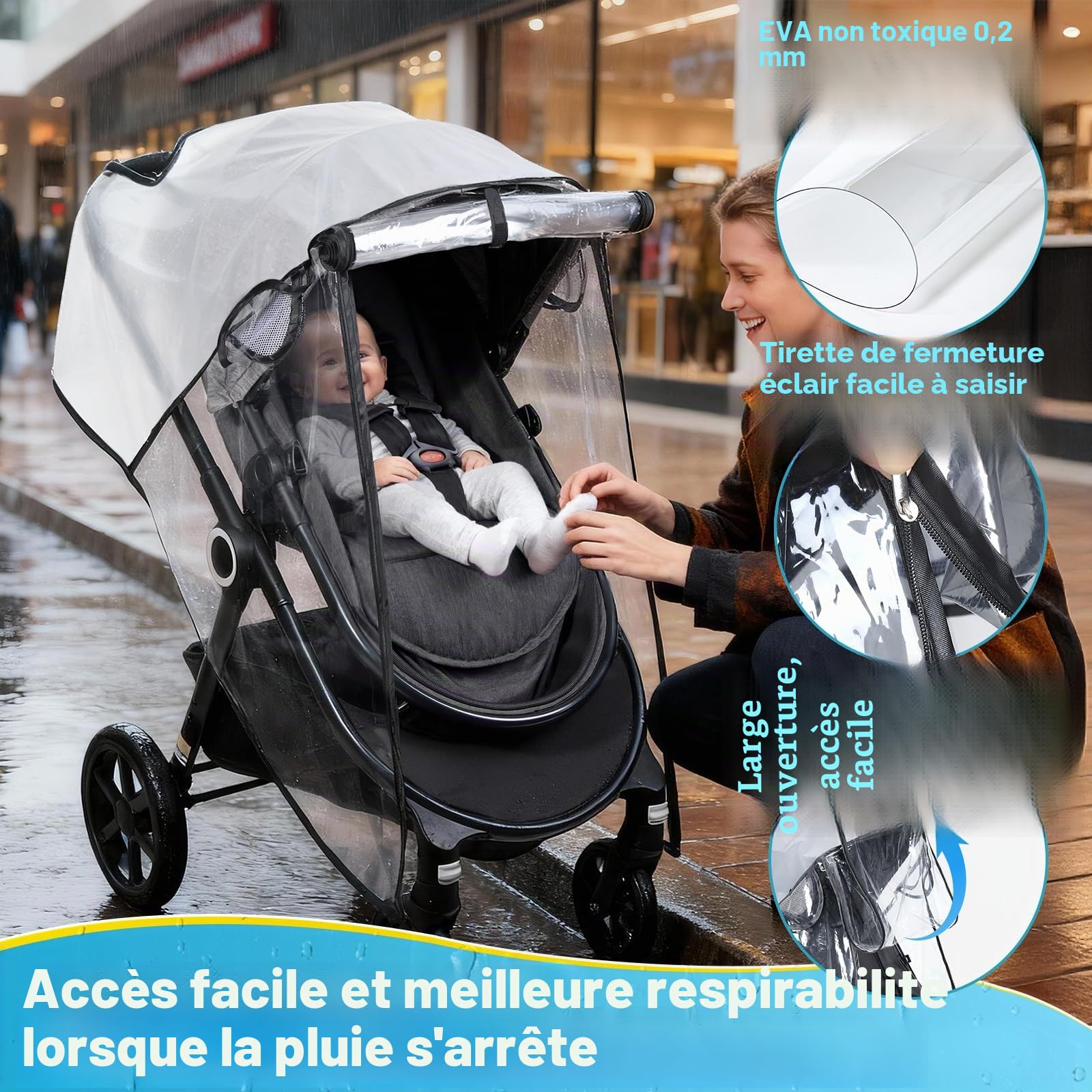 Habillage Pluie Universelle pour Poussette, Protection Pluie Transparente EVA avec Porte Enroulable