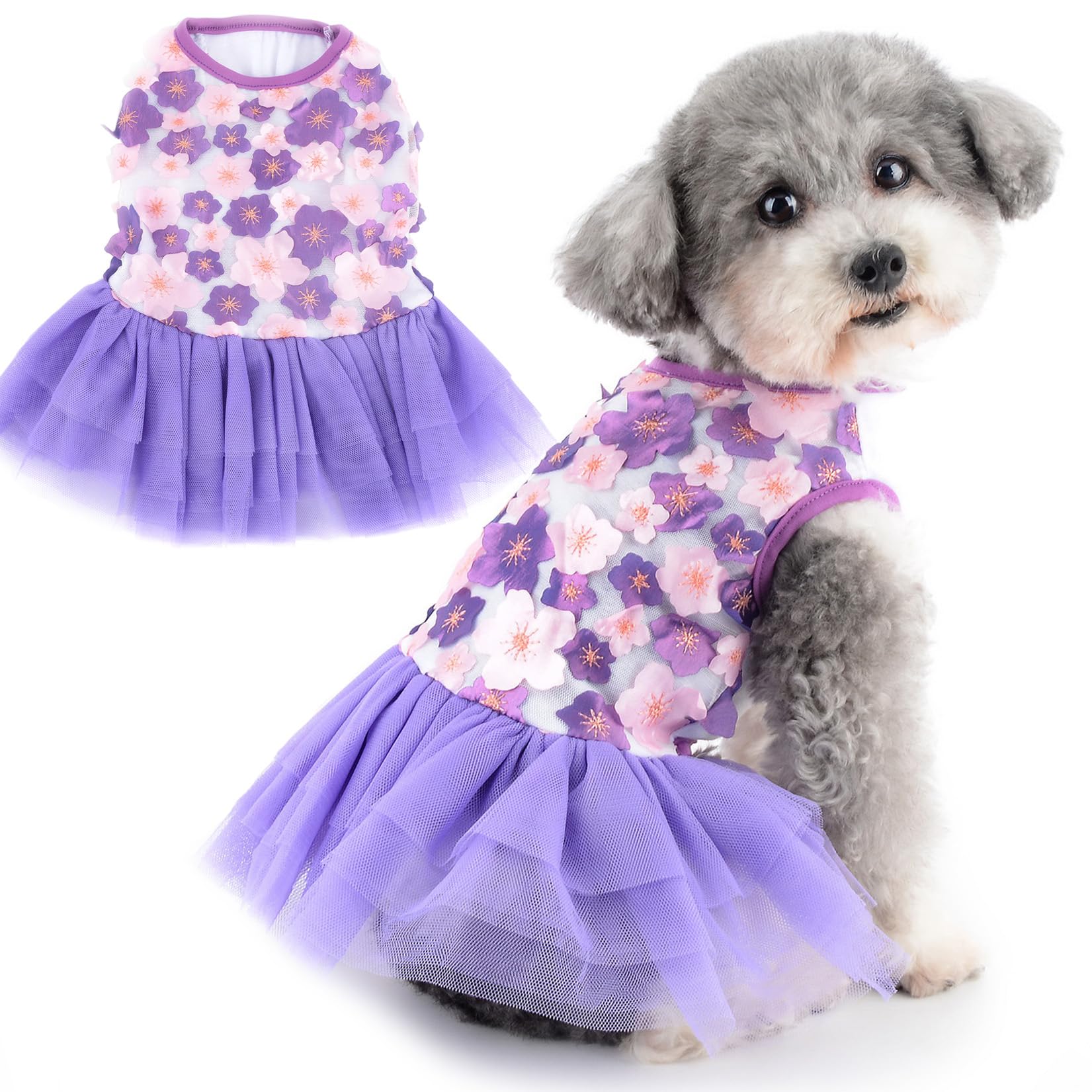 Zunea Flower Lace Dog Dresses for Small Dogs Girls Summer Princess Dress Cute Floral Puppy Vest Tutu Skirt Birthday Party Wedding Dress Soft Breathable Pet Dog Cat Chihuahua Yorkie Apparel Purple S