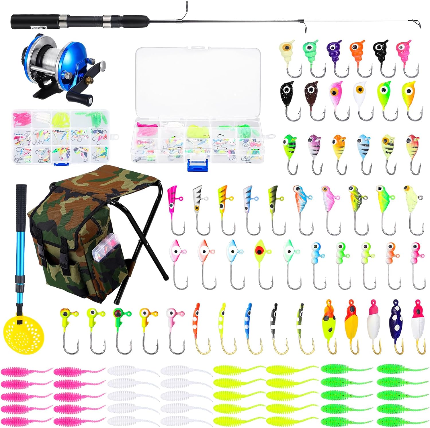 Hungdao 96 PCs Ice Fishing Rod and Reel Combo Ice Fishing Gear with Folding Backpack Chair Ice Fishing Pole Ice Scoop Ice Fishing Jigs Lures with Lures Box Ice Fishing Equipment Full Winter Ice Fishing Kit