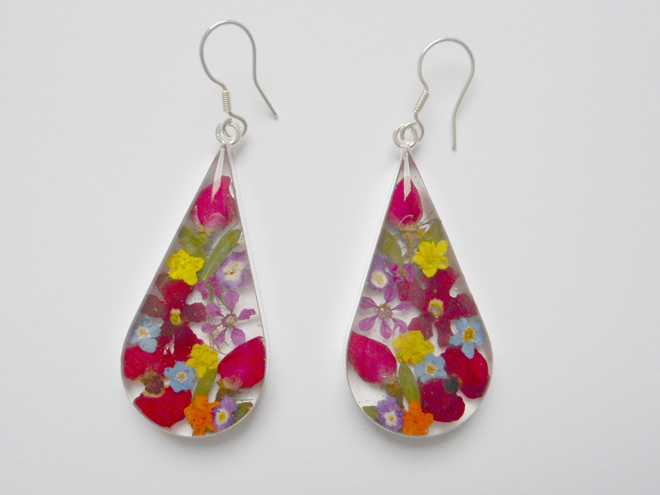 Big pear shaped dangle 925 Silver multi-colored Dry Pressed Flowers Earrings