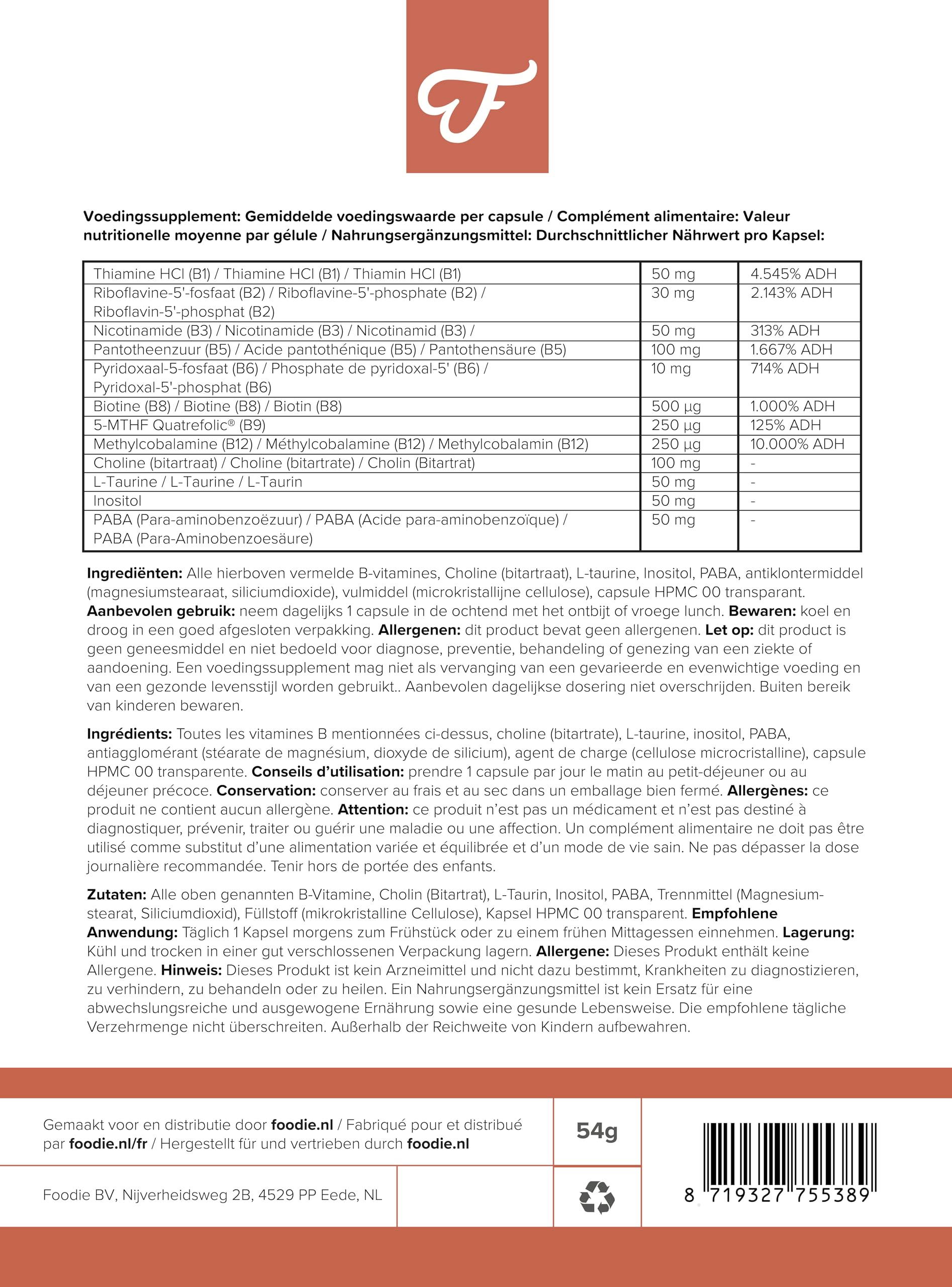 Foodie Vitamin B-Komplex – 6x 60 Kapseln hochdosiert – Alle 8 B Vitamin B1, B2, B3, B5, B6, B8, B9 und B12 – Bessere Energieproduktion, Gehirnfunktion und Vitalität