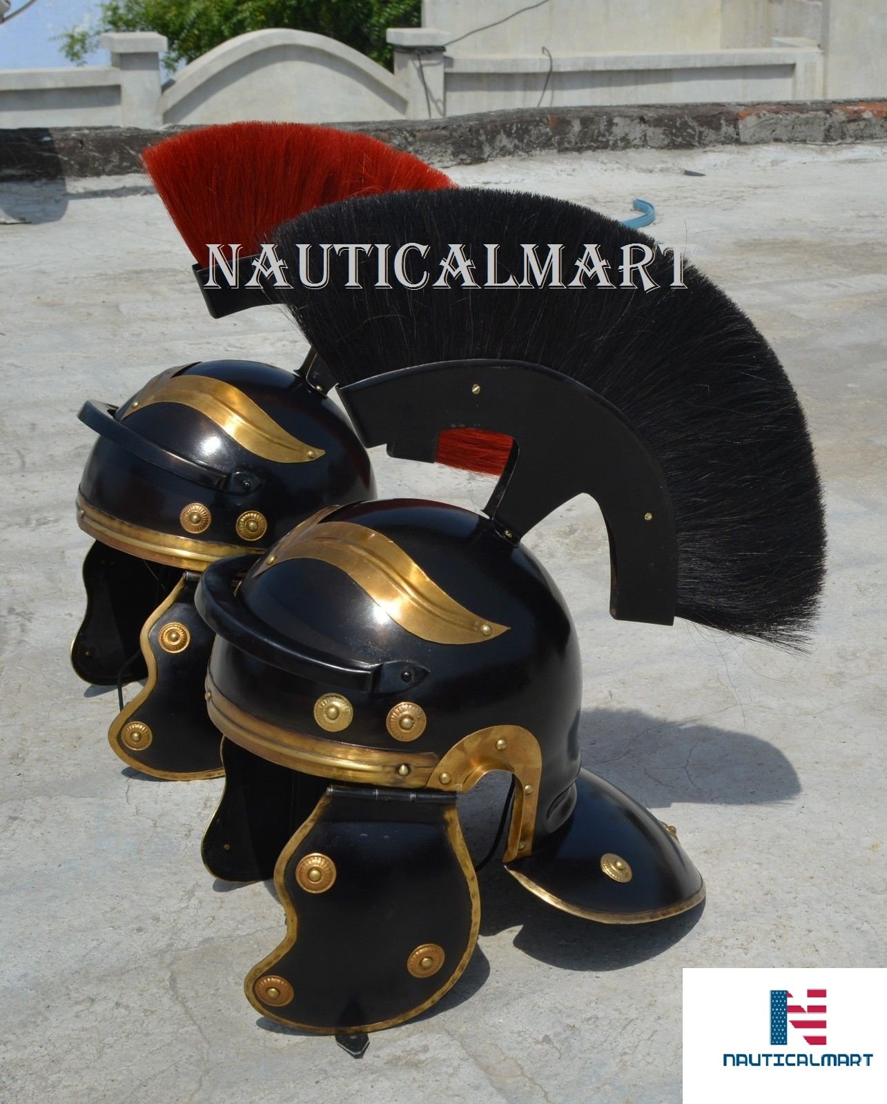 NauticalMart 2 PIECES Medieval Roman Centurion Helmet thick BLACK-RED Plume ROMAN HELMET