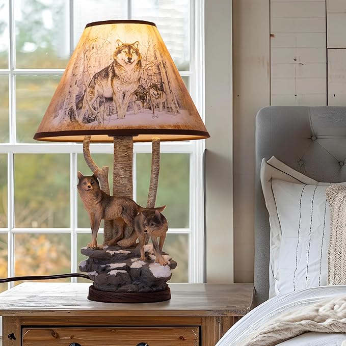 TOCHIC TOCHIC Rustic Table Lamp Small Wolf Beside Lamps with Lamp Shade Reading Lamps for Beside Table, Dimmable Animal Table Lamp for Bedroom, Kids Room