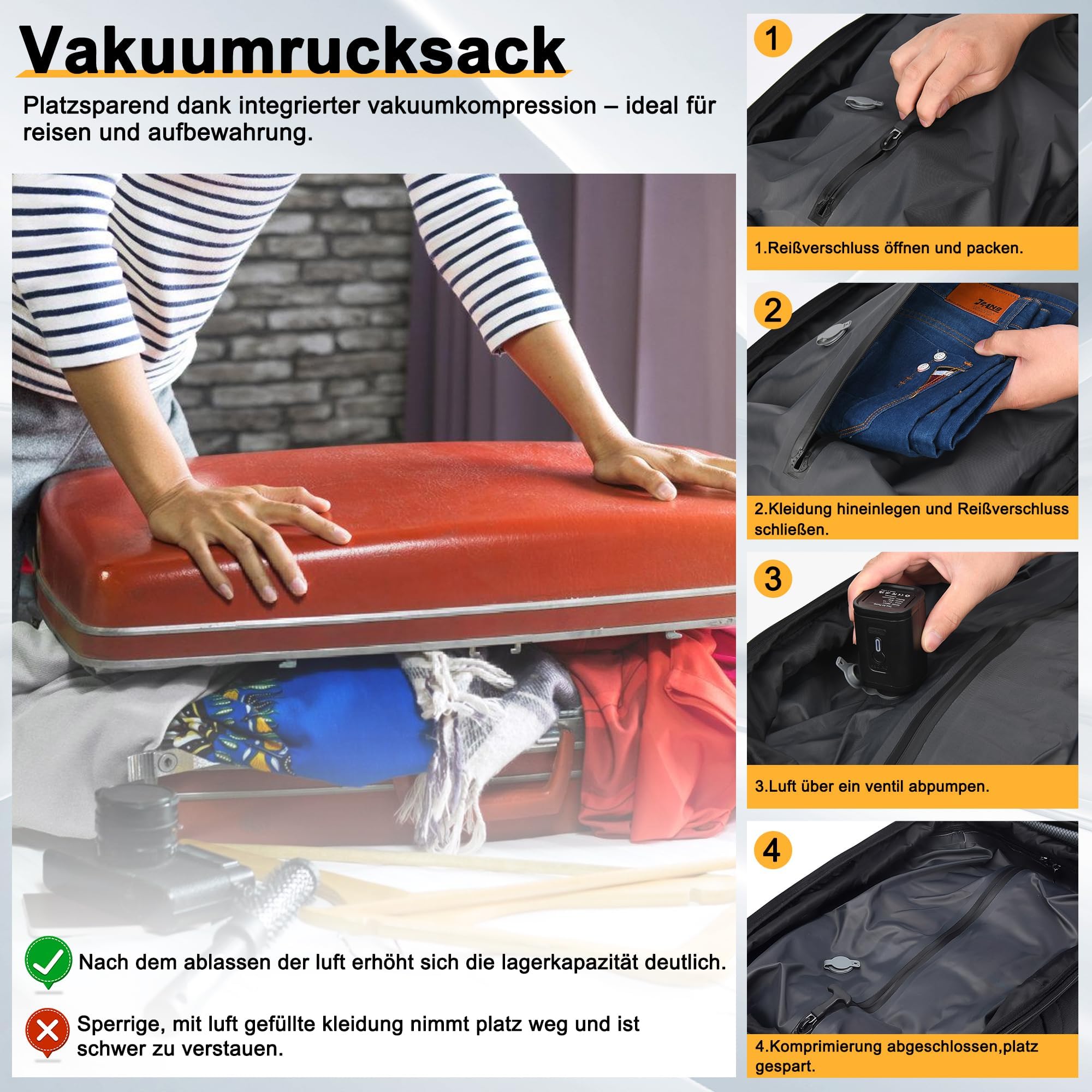 Plecak próżniowy, bagaż podręczny, 60 l, biznesowy plecak podróżny na kółkach, wodoodporny plecak na laptopa o przekątnej ekranu 17,3", z pompką i zamkiem TSA, dla kobiet i mężczyzn, czarny