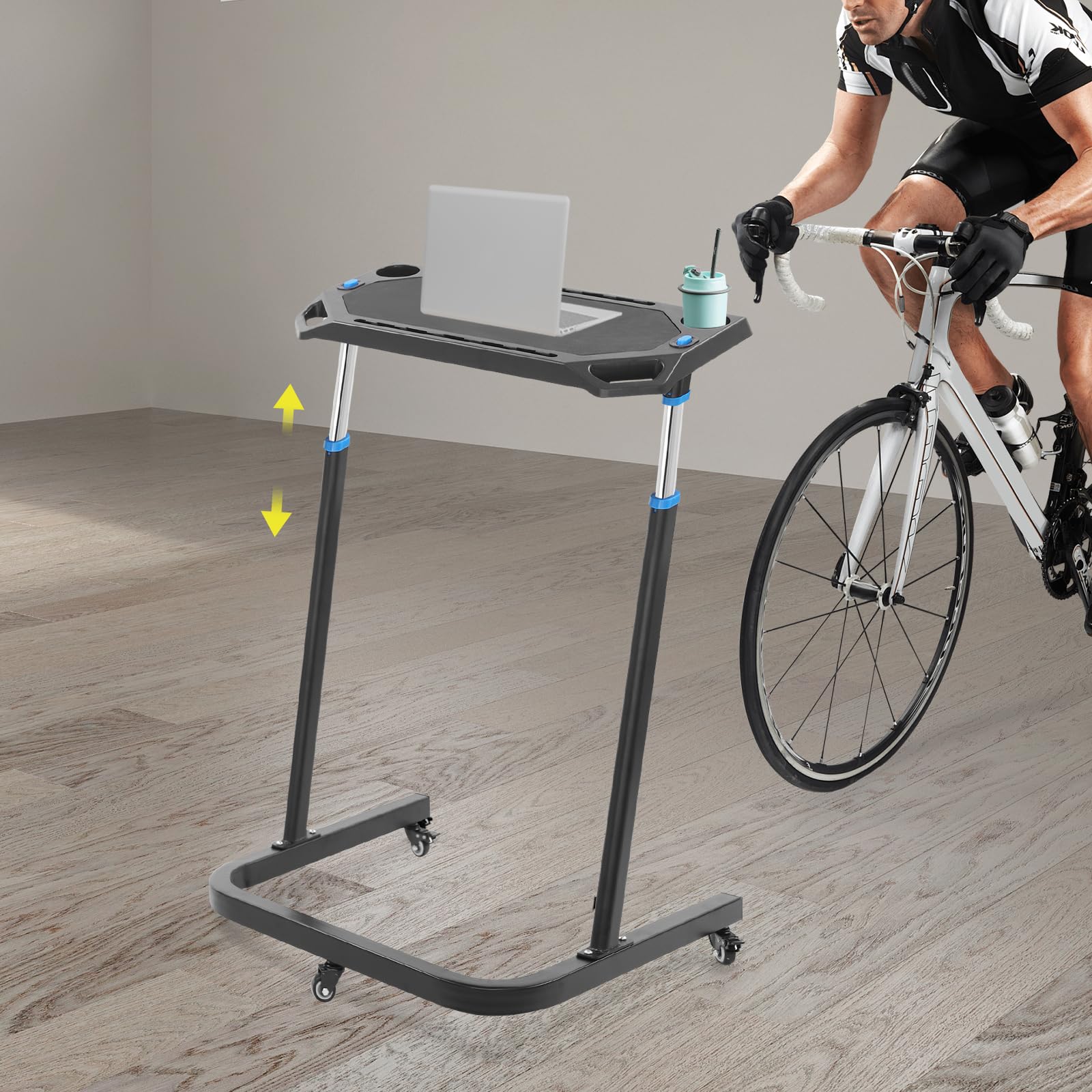 Mesa de entrenamiento con ruedas, altura ajustable, mesa multifunción para bicicleta, 82-120 cm, 8 velocidades, altura ajustable, mesa de bicicleta y mesa de correr con 3 ruedas universales, portátil