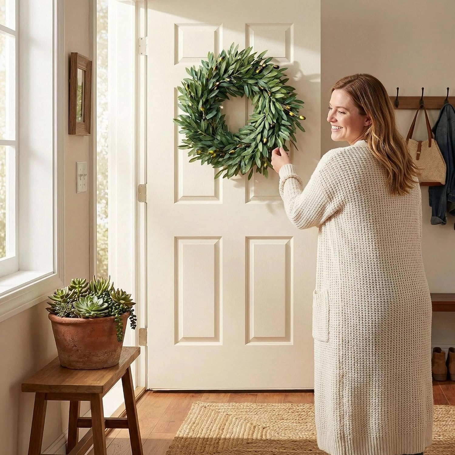 24 Inch Artificial Olive Wreath for Front Door, Large Realistic Olive Leaf Wreath with Hand-Painted Olives, Premium Silk Greenery Year Round Farmhouse Decor for Spring Summer Fall Home Wall