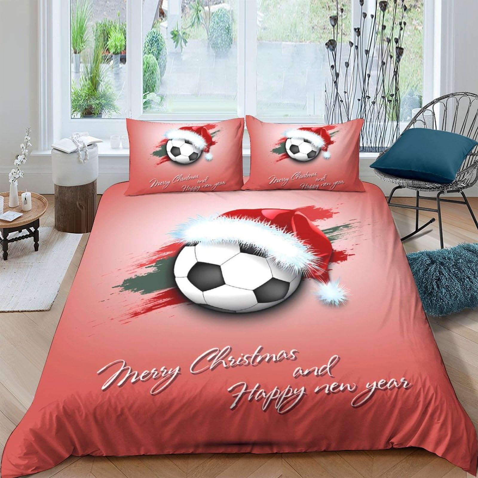 Ctjqhvkz Style-10 3D Printed Christmas Soccer Fitted Sheet Microfiber Red Santa Football Bed Cover For Bedroom Dorm Easy Care Single（135X200cm）