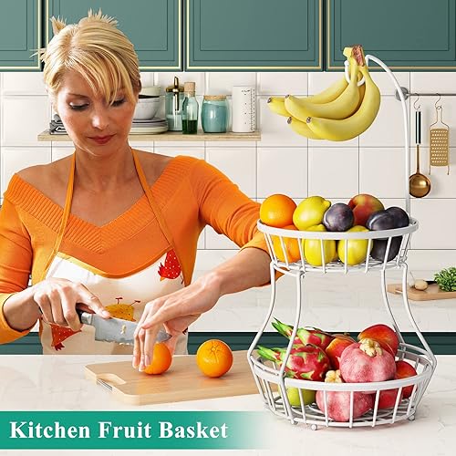 Miniatura 3 de Cesta de frutas apilables para almacenamiento de verduras con soporte para colgar árboles de plátano para encimera de cocina, cesta de alambre de