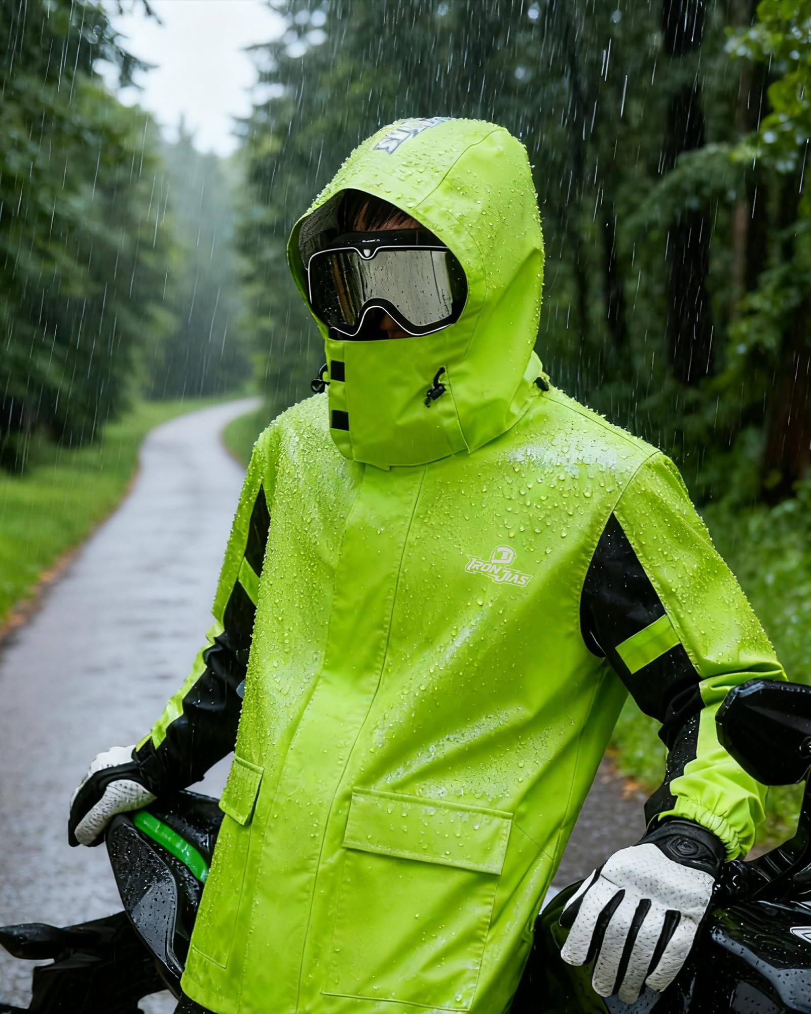IRON JIA’S Regenanzug Herren Motorrad Regenjacke Wasserdichter Winddicht Atmungsaktiver Reflektierender mit Kapuze mit Reißverschluss Hochwertige Outdoor Regenmantel-Grün-XXL