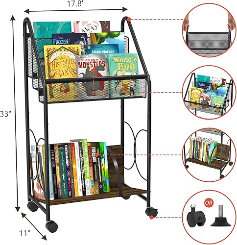 Miniatura 6 de Estantería para libros, 4 niveles de metal y madera con ruedas, armario de registro para tocadiscos de revistas de libros, soporte para discos de