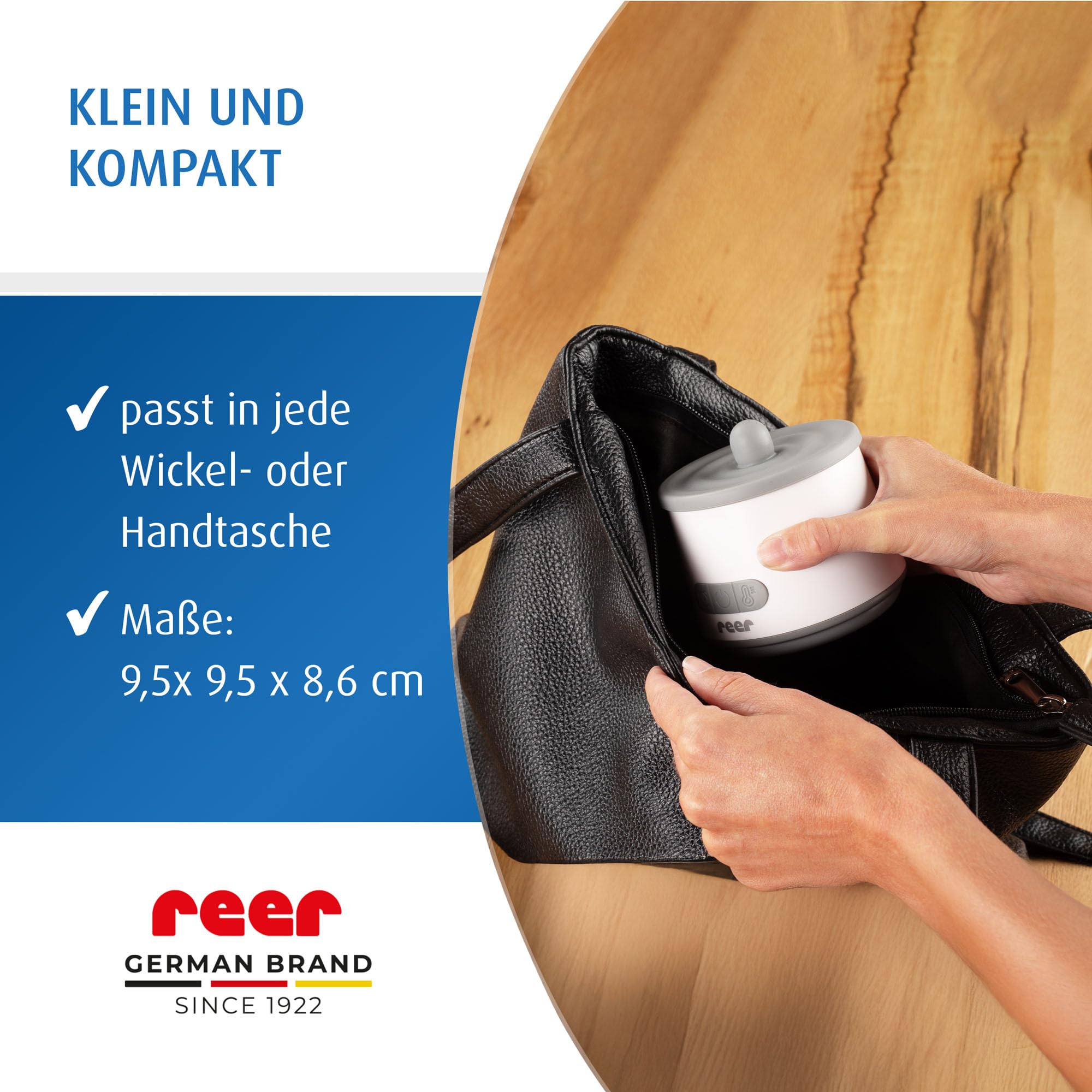 reer Flaschenwärmer Baby unterwegs mit Akku - Heat2Go - mobiler Baby Flaschenwärmer, Babykostwärmer, Fläschchenwärmer - 4 Heizstufen, USB-C, Adapterset, Fläschchenwärmer to go - leicht zu reinigen