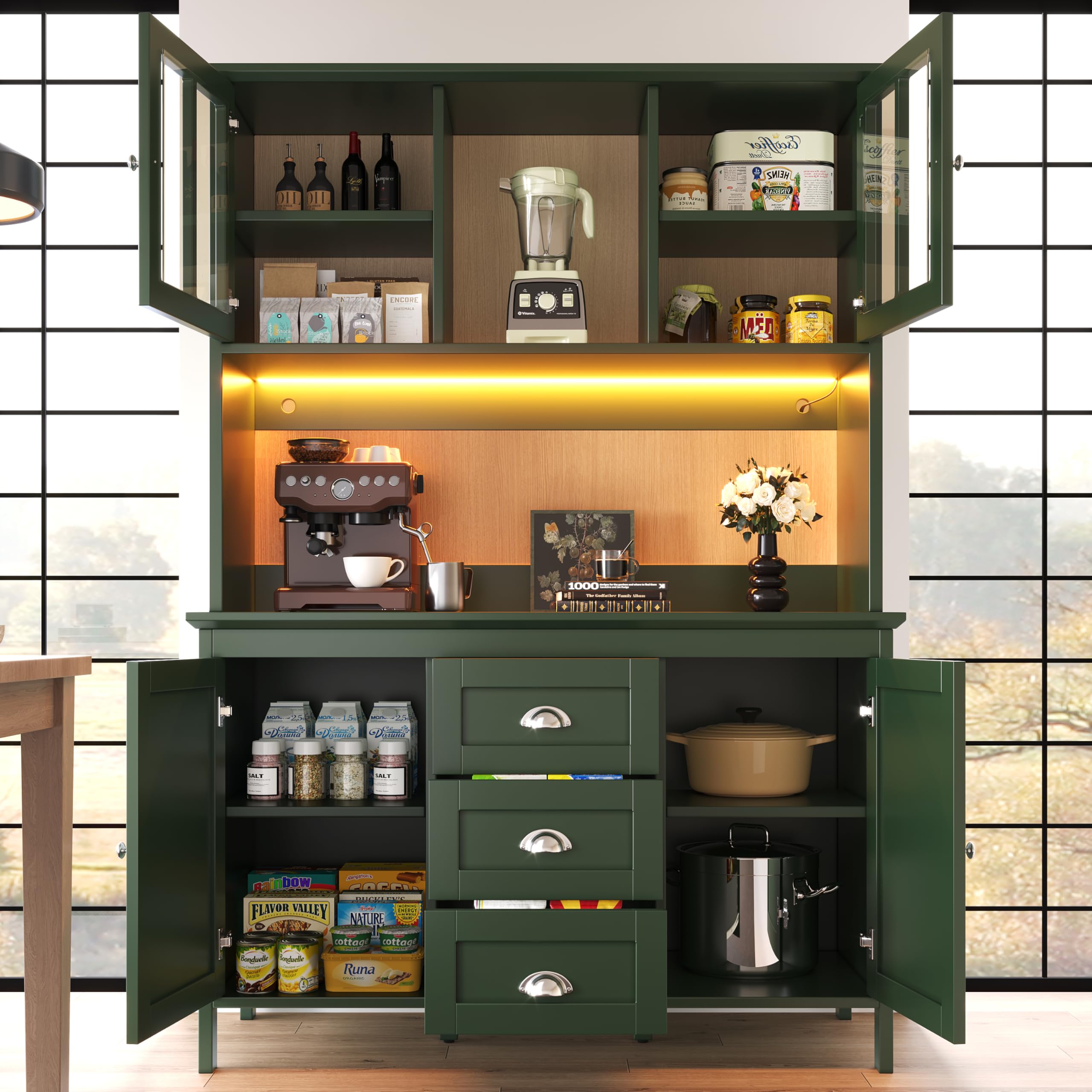 Küchenschrank mit LED-Beleuchtung und Verstellbare Füße, Hochschrank mit Schublade und Aufbewahrungsschrank, Buffetschrank mit Braunen Glastüren, Grün-C, 120x40x179 cm