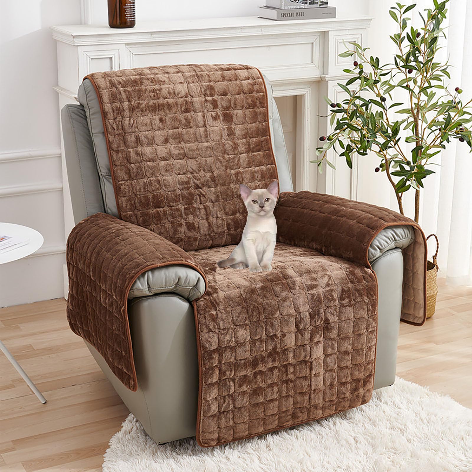 Recliner Chair Cover Sofa Armrest: Armchair Covers with Pockets and Elastic Strap Washable Furniture Protector Headrest Cover Plush Non Slip for Kids Pets (brown)