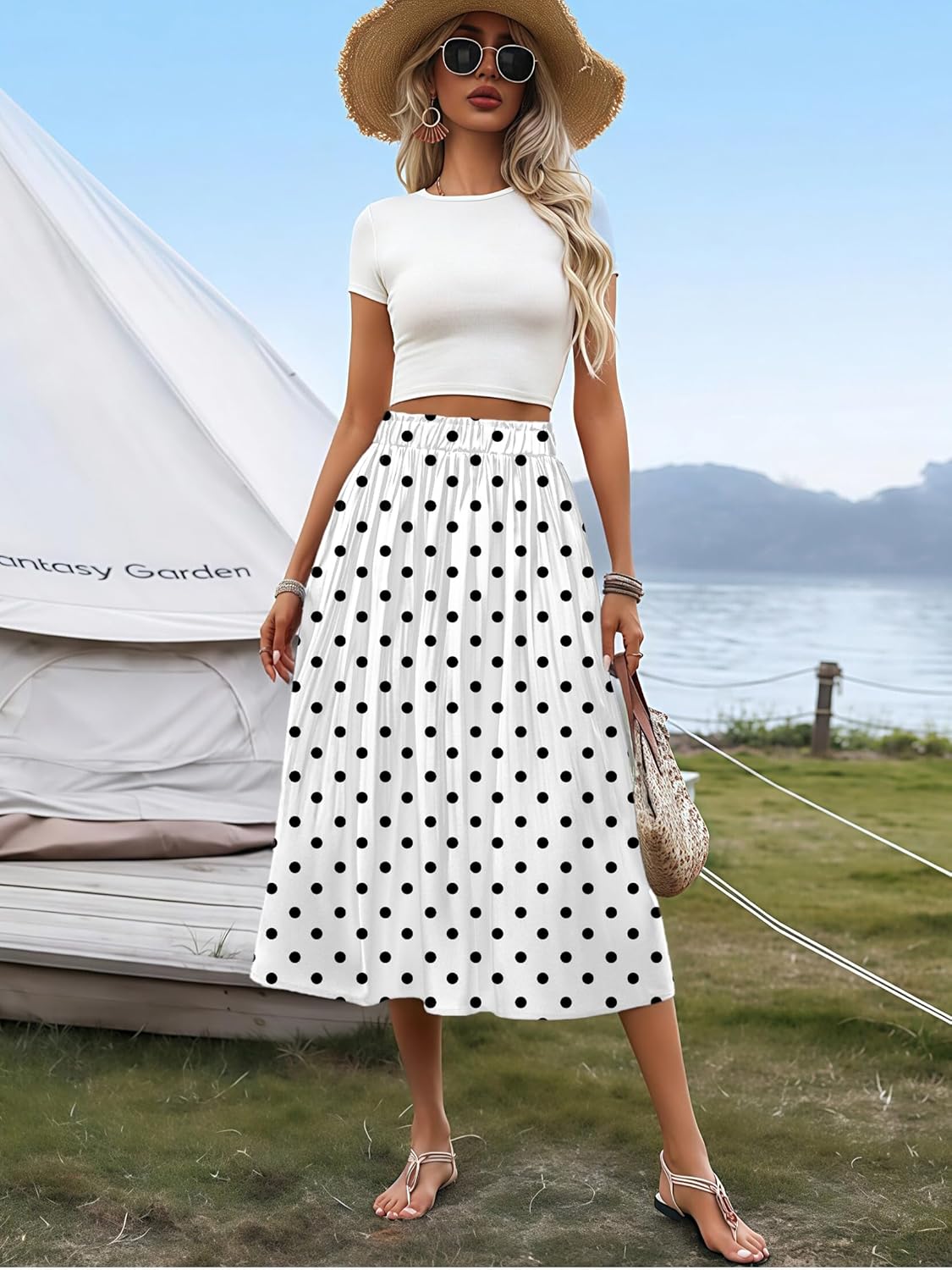 Zeagoo Women's Midi Skirts High Waisted Pleated A-Line Swing Skirts Summer Floral Long Skirts with Pockets