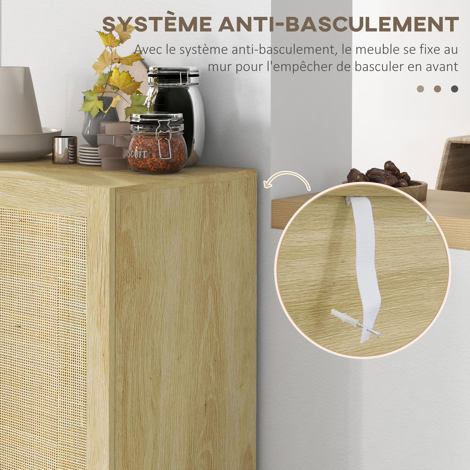 HOMCOM Meuble de Rangement Effet Cannage 73 x 41 x 102 cm Bois Naturel | Buffet Rotin, Placard à Portes, Étagères Réglables, Style Bohème, Armoire de Rangement, Salon Cuisine Chambre