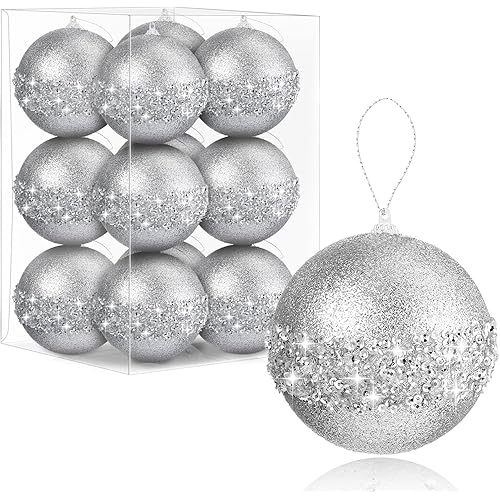 12 Pcs 4 Inch Large Christmas Balls Silver Christmas Ball Ornaments Christmas Decorations Tree Balls for Xmas Trees Wedding Party Holiday Decorations Tabletop Small Trees Decoration