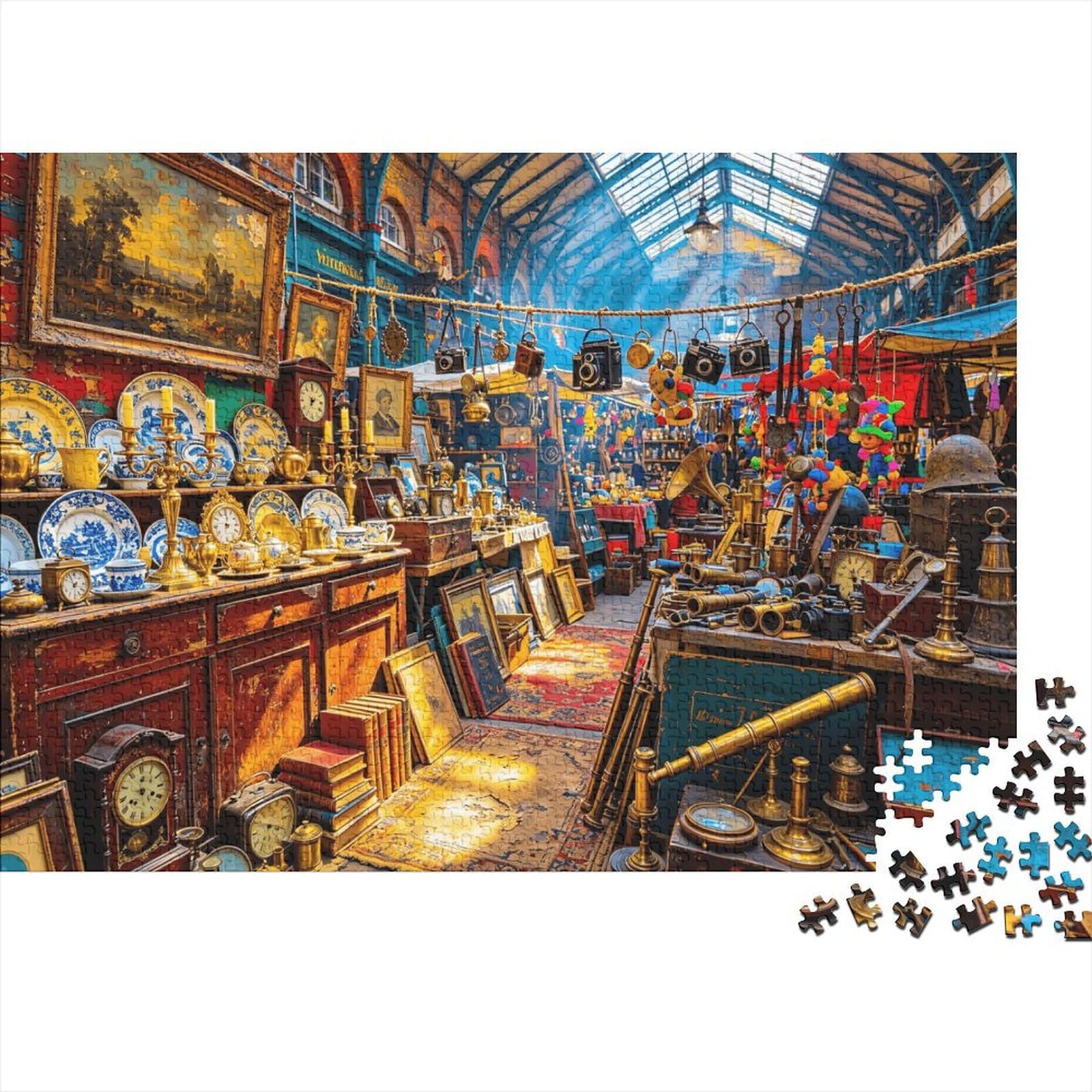 Retro Art Market Puzzle for Adults 1000Pc Recyclable Paper Antique Shop Jigsaw Puzzle Parent Child Game Props Developing Boy & Girl‘s Intelligence Toy 52x38cm/1000pcs