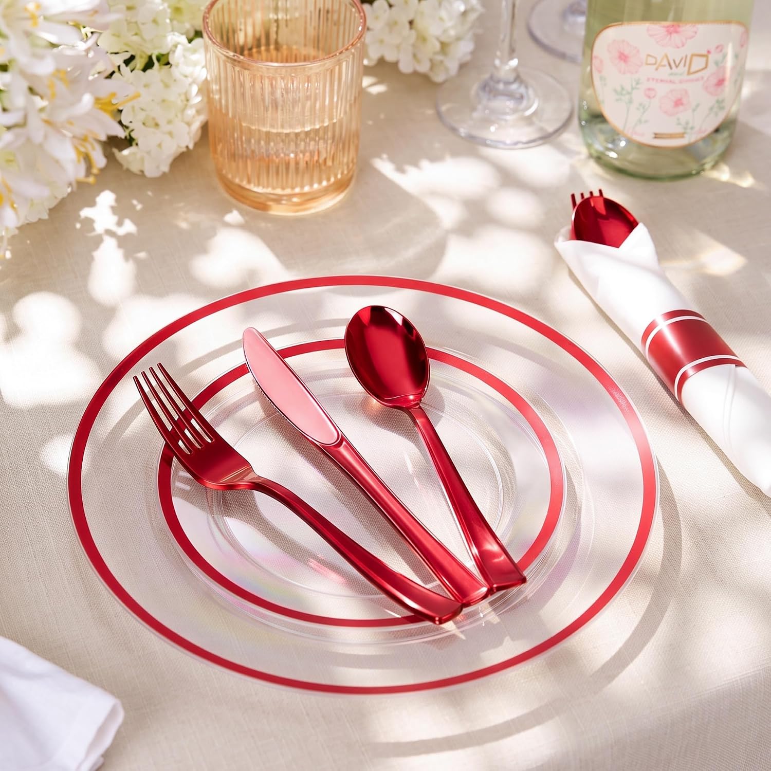 BESTVIP 100 Pack Red Pre Rolled Plastic Silverware Set with Napkins image 2