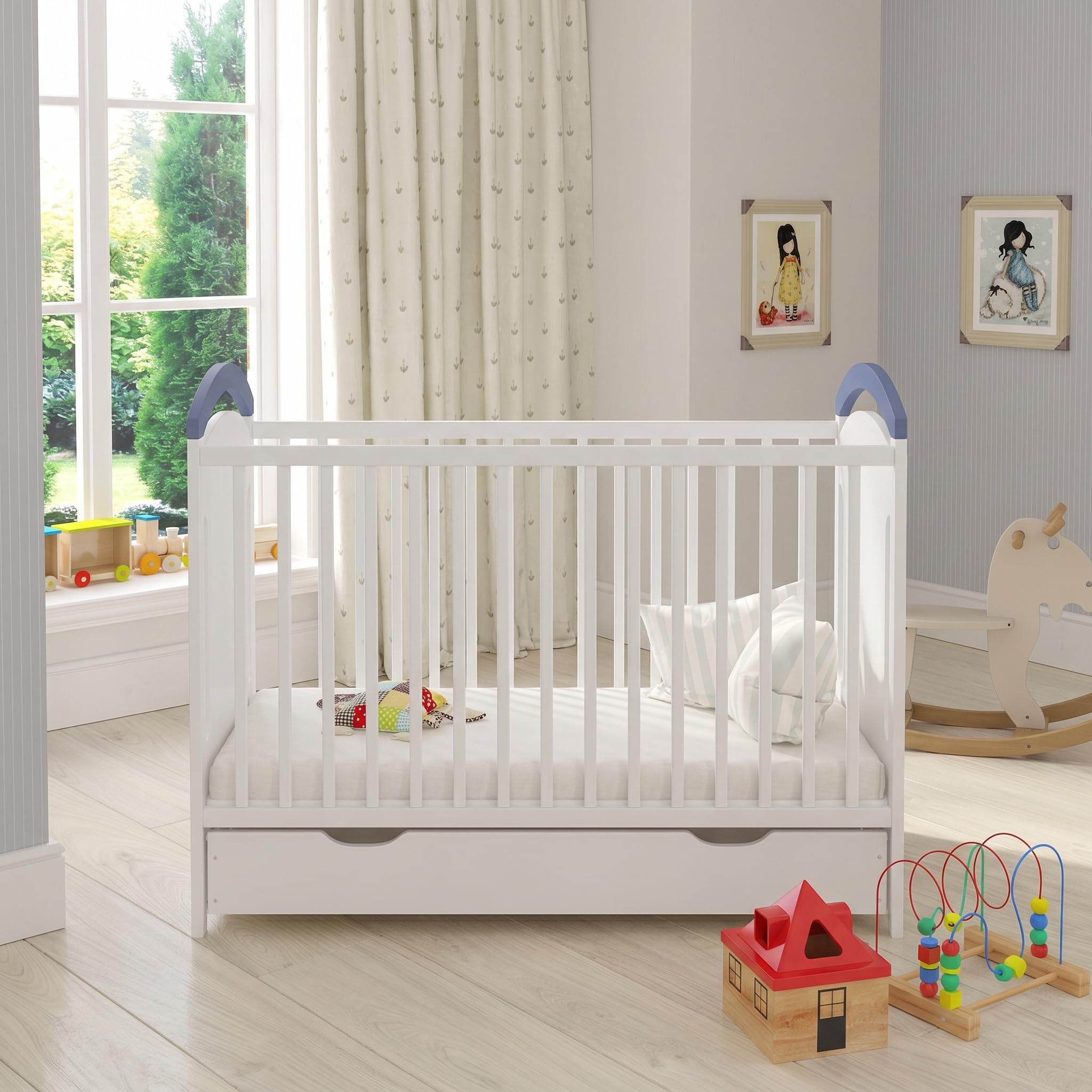 Love For Sleep Babybett Beistellbett 120x60cm mit Sicherheitsbarriere Umwandelbar Blue AMIE Kinderbett Baby Bett Holz - Kinderbett Babybett, Mitwachsend Gitterbett Baby Bed