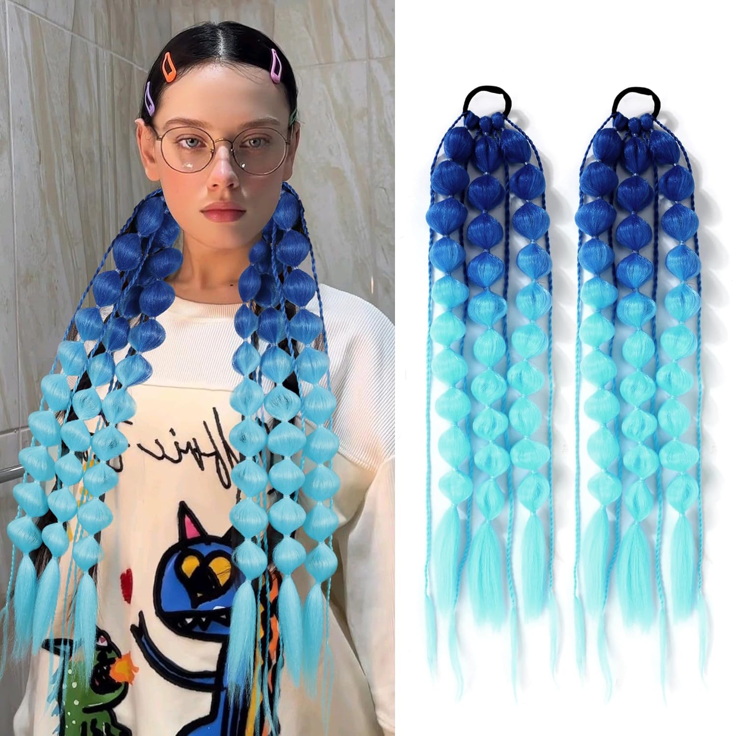 2PCS Colorful Synthetic Bubble Ponytail Extensions,24inches Lightweight Braided Hair Extensions, Festival Rave Accessories for Girls Crazy Hair Day (Ombre Dark Blue to Light Blue)