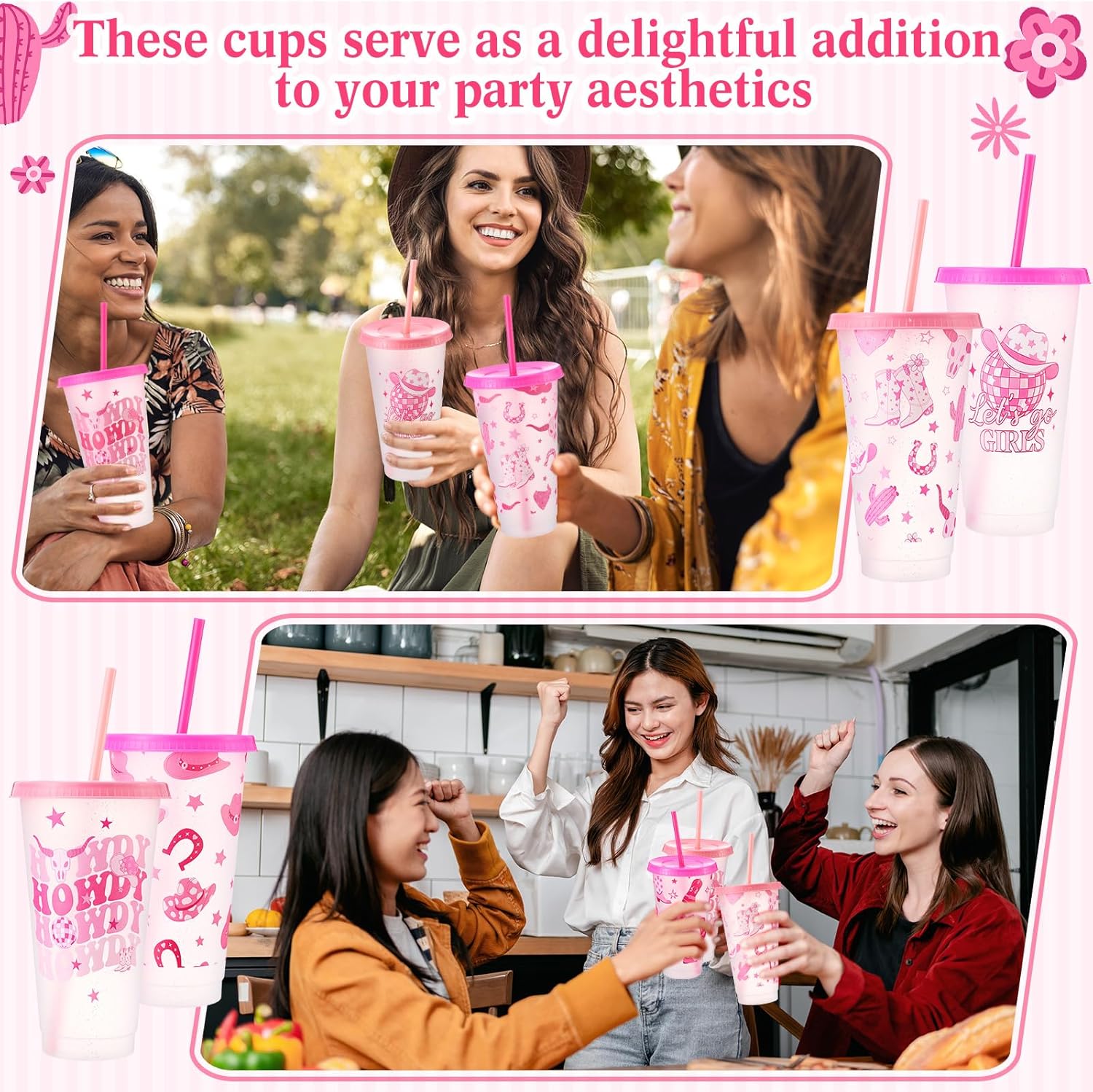 12 Pcs Western Pink Cowgirl Plastic Cups 24 oz Reusable Glitter Tumbler with Lids and Straws Disco Drinking Juice Cups for Western Party Favors Wedding Birthday Bachelorette Party Supplies - Image 4