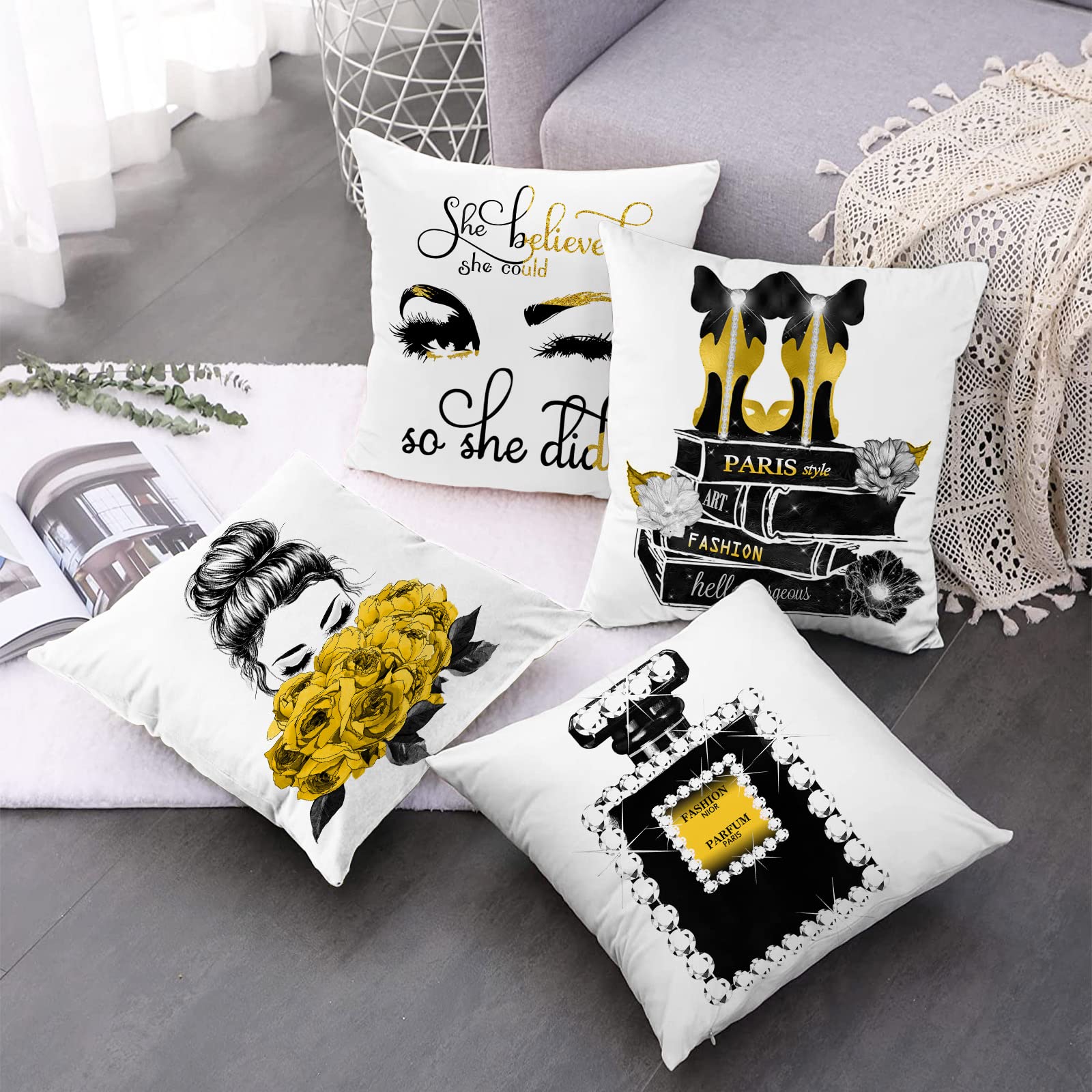 UKZMN Set of 4 18x18 Gold Fashion Throw Pillow Covers Yellow Black Perfume Flower Eyelash Bed Decorative Pillow Covers for Couch Sofa, Velvet Square Pillow Cover Case Girly Decor (Gold Black)