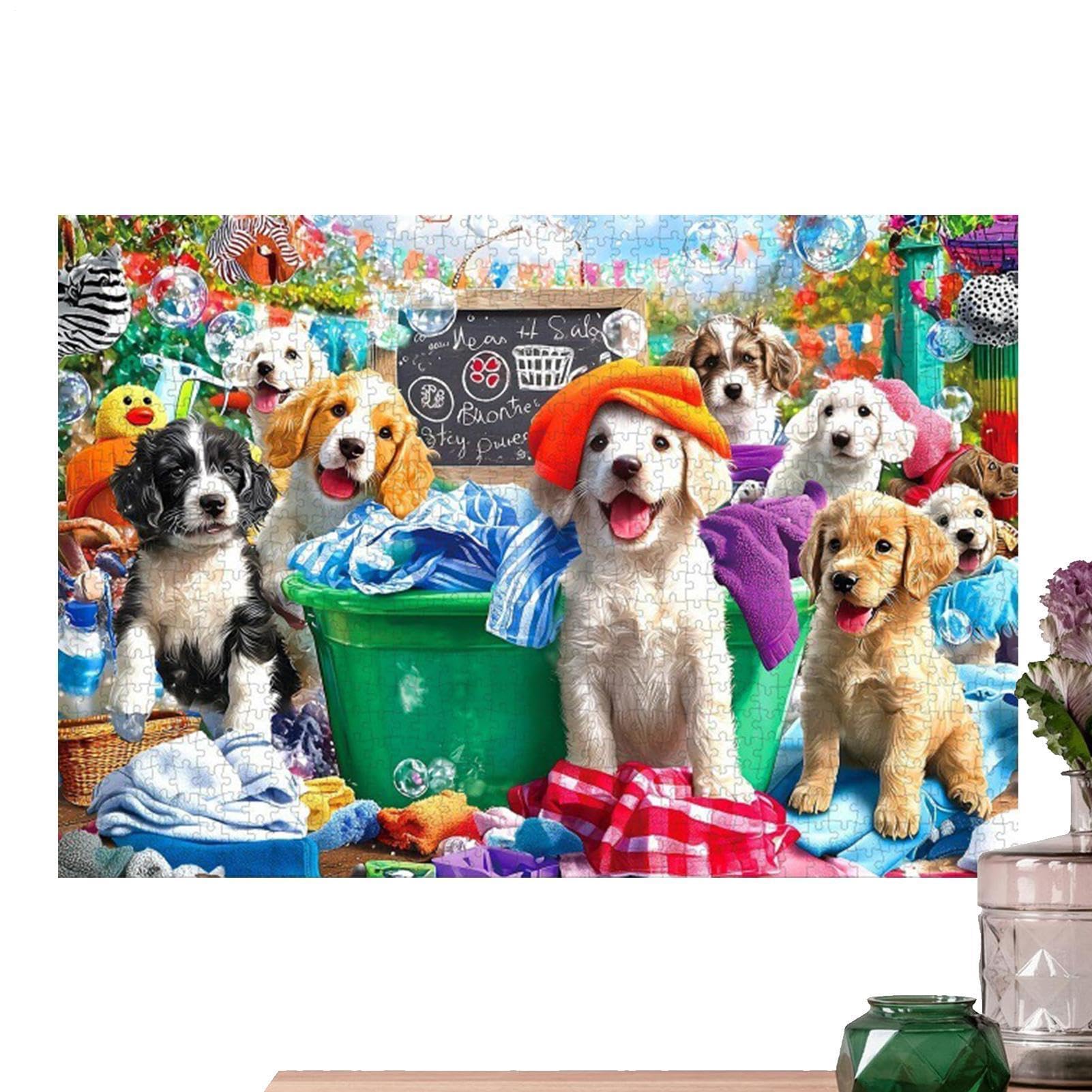 Puzzle per Adulti con Soggetto Canino Sfidante a Tema di Lavanderia con | Puzzle da Mille Pezzi Incastrabili con Lettere sul Retro per Uomini e Donne Senior della Famiglia