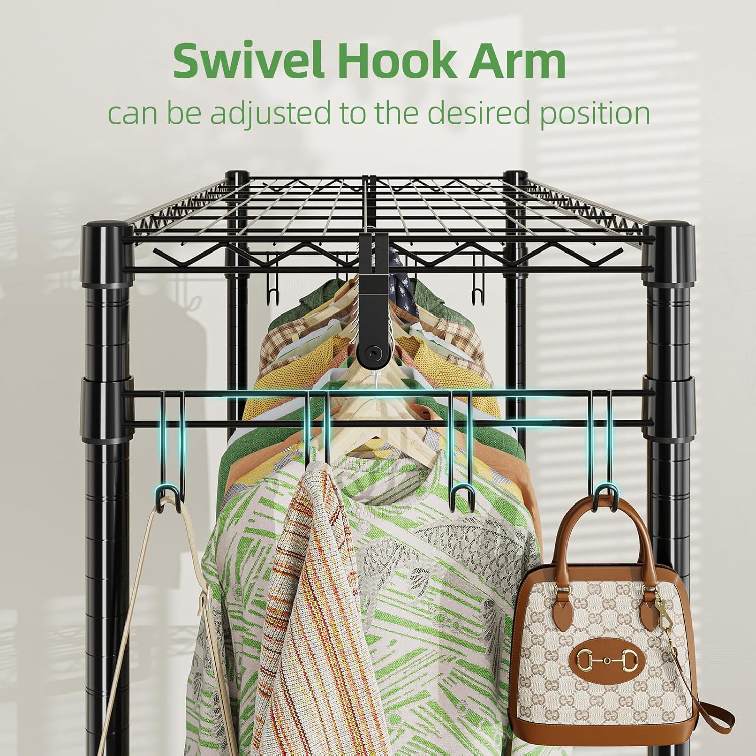 Simple Trending Heavy Duty Clothing Rack 3 Tiers Adjustable Wire Shelving Clothes Rack with Double Rods and Side Hooks, Freestanding Wardrobe Storage Rack Metal Garment Rack, Black