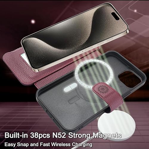 Miniatura 4 de Harryshell Funda compatible con iPhone 15 Pro, con carga inalámbrica MagSafe con 3 ranuras para tarjetas, bolsillo con cremallera, bolsillo con