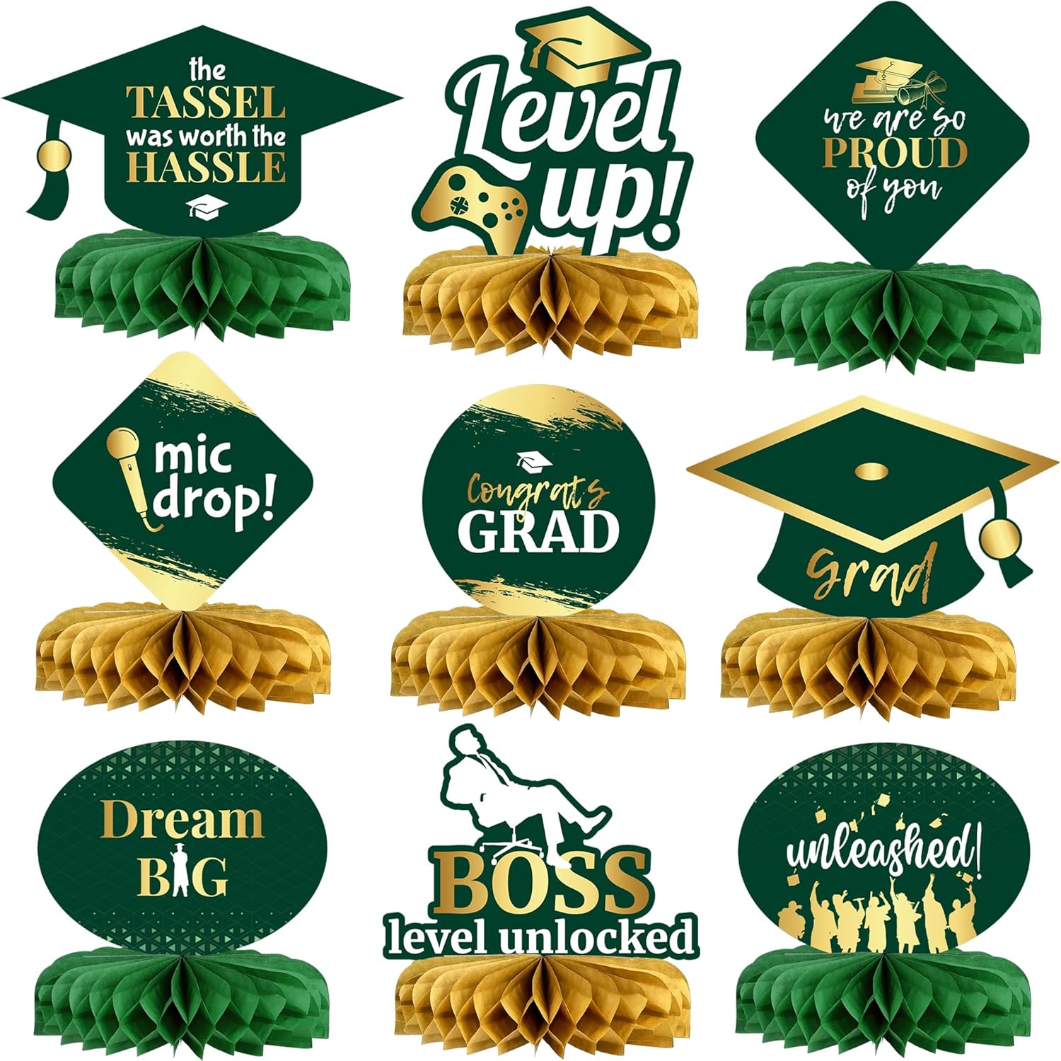 KatchOn, Green and Gold Graduation Centerpieces 2026 - Pack of 9, Graduation Table Centerpieces for Graduation Table Decorations | 2026 Graduation Decorations | Graduation Centerpieces For Tables