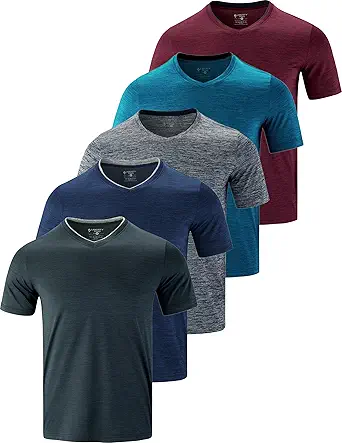 5 Pack Mens V-Neck Dry Fit T-Shirts, Active Athletic Short Sleeve Workout Tops, Performance Gym Tees (Available in Plus Size)