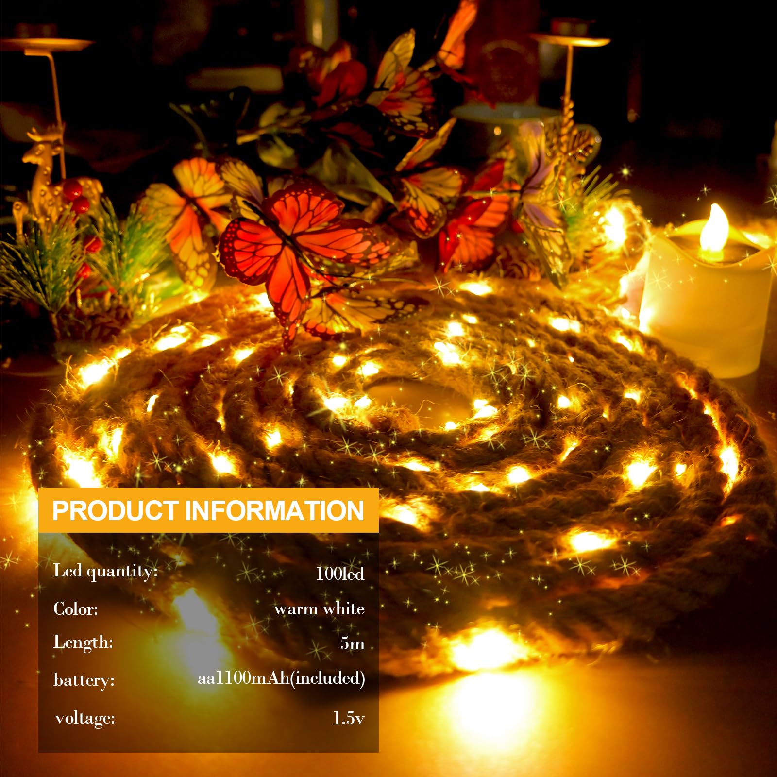 10M Seil Lichterkette Innen 200 LED Hanfseil Lichterkette Batterie Power Rope Licht Wasserdicht für Garten Terrasse Balkon Schaukel Stamm Dekor