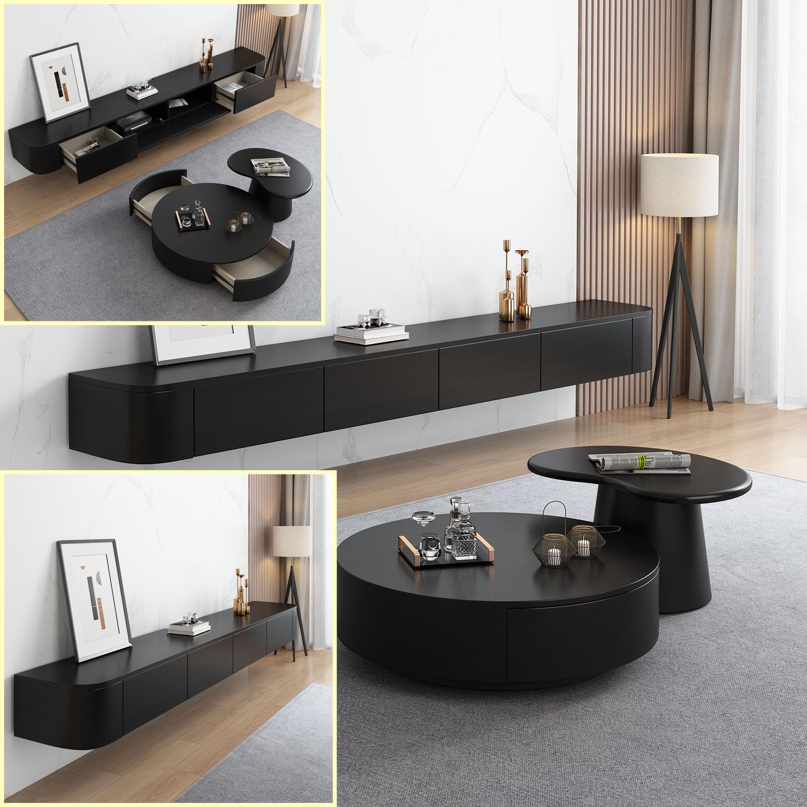 Schwimmende TV-Konsole, Wandhalterung, TV-Ständer mit Multi-Staufach für Wohnzimmer und Schlafzimmer, großer TV-Schrank in Schwarz (140 x 20 x 24 cm)