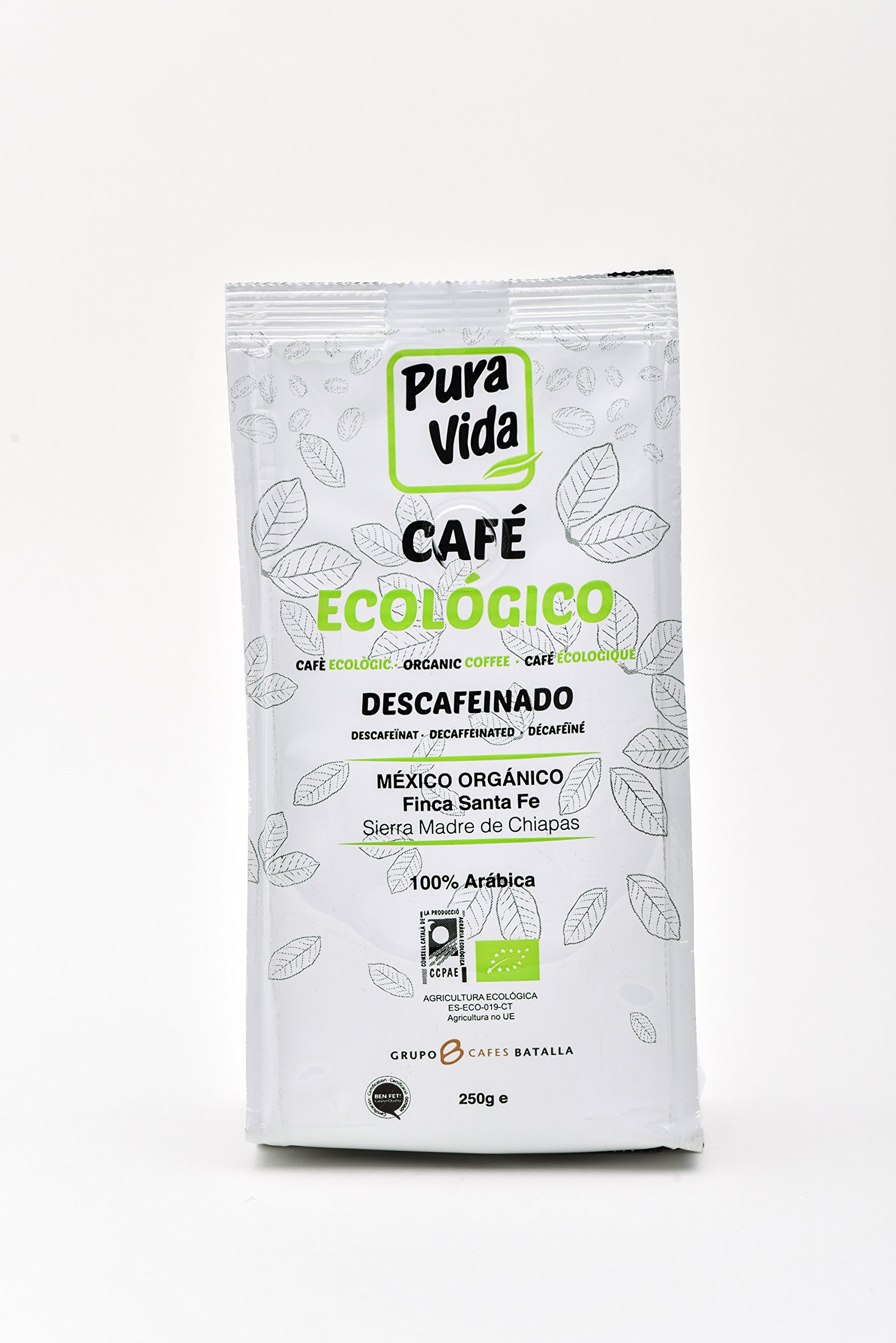 Pura Vida Café Ecológico Descafeinado Molido - 4 Paquetes de 250 gr - Total: 1000 gr, Polvo