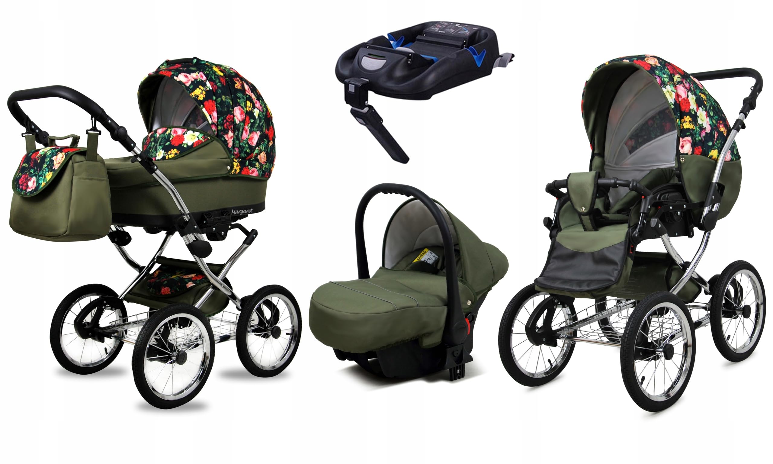 BabyLux Zestaw wózków dziecięcych 4 w 1 – Margaret Exclusive – w zestawie wanienka dla niemowląt, fotelik sportowy, fotelik samochodowy, stacja bazowa ISOFIX – fotelik samochodowy – zestaw wózków