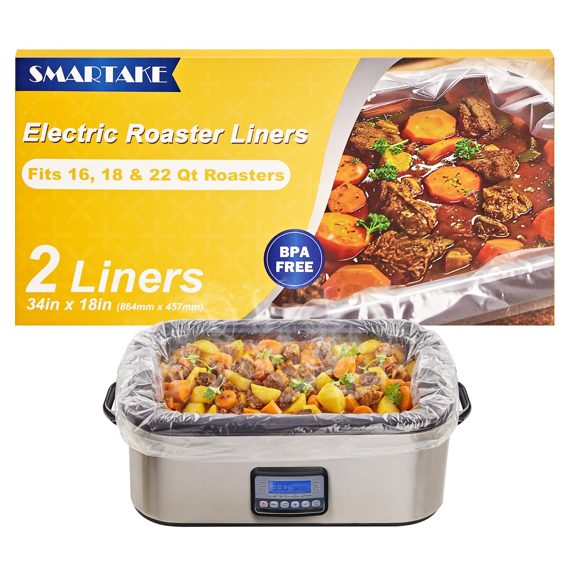 SMARTAKE Electric Roaster Liners, 2 Count Disposable Roaster Liners, Fits 16, 18, 22 Quart Roasters, Roaster Pan Oven Liners Plastic Cooking Bags for Instant Cleanup, 18 x 34 Inch
