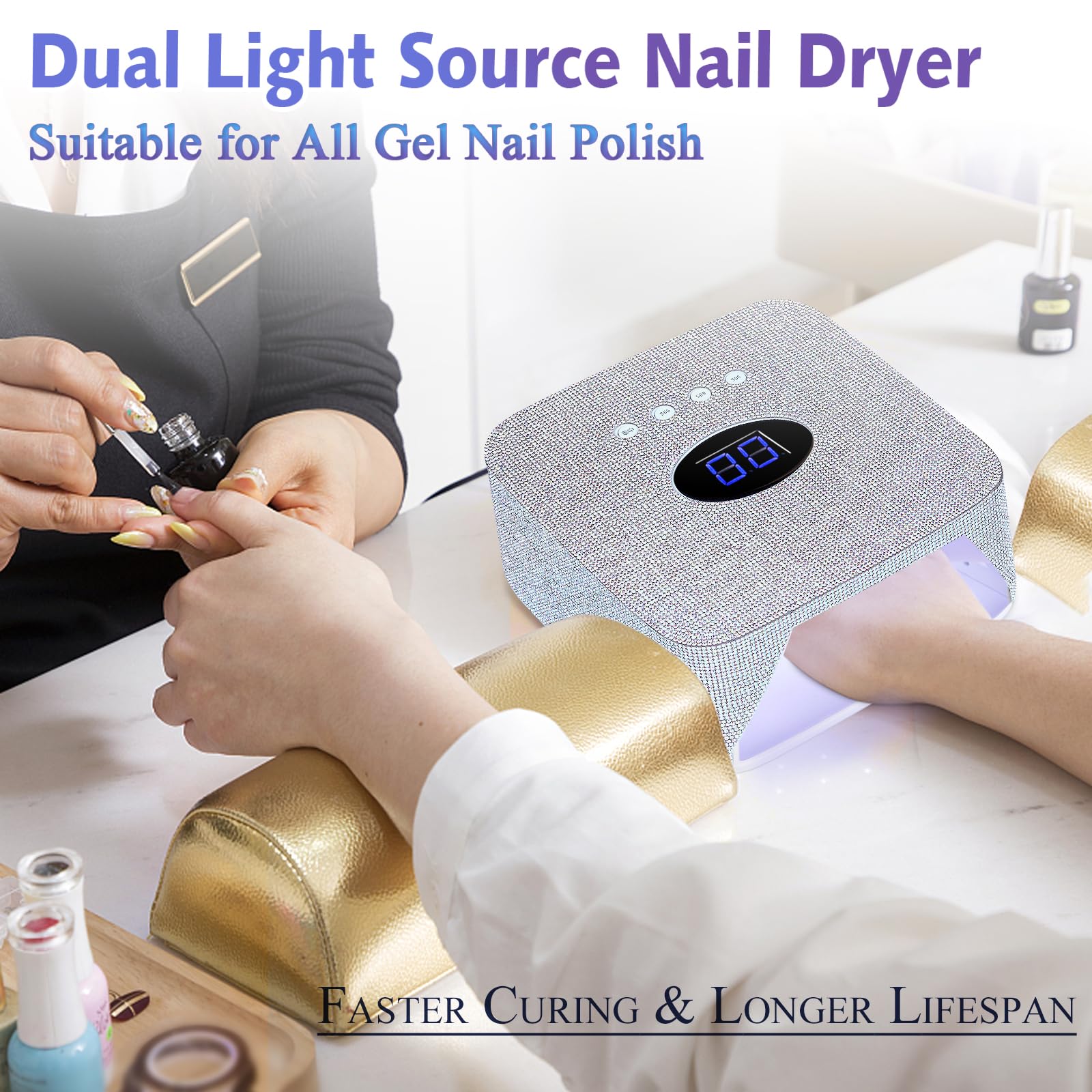 AZ GOGO Lámpara de uñas profesional recargable, 72W Lámpara UV/LED para uñas, secadora de uñas para gel, 3 temporizadores (30/60/99s) con strass, ideal para manicura en casa o salón