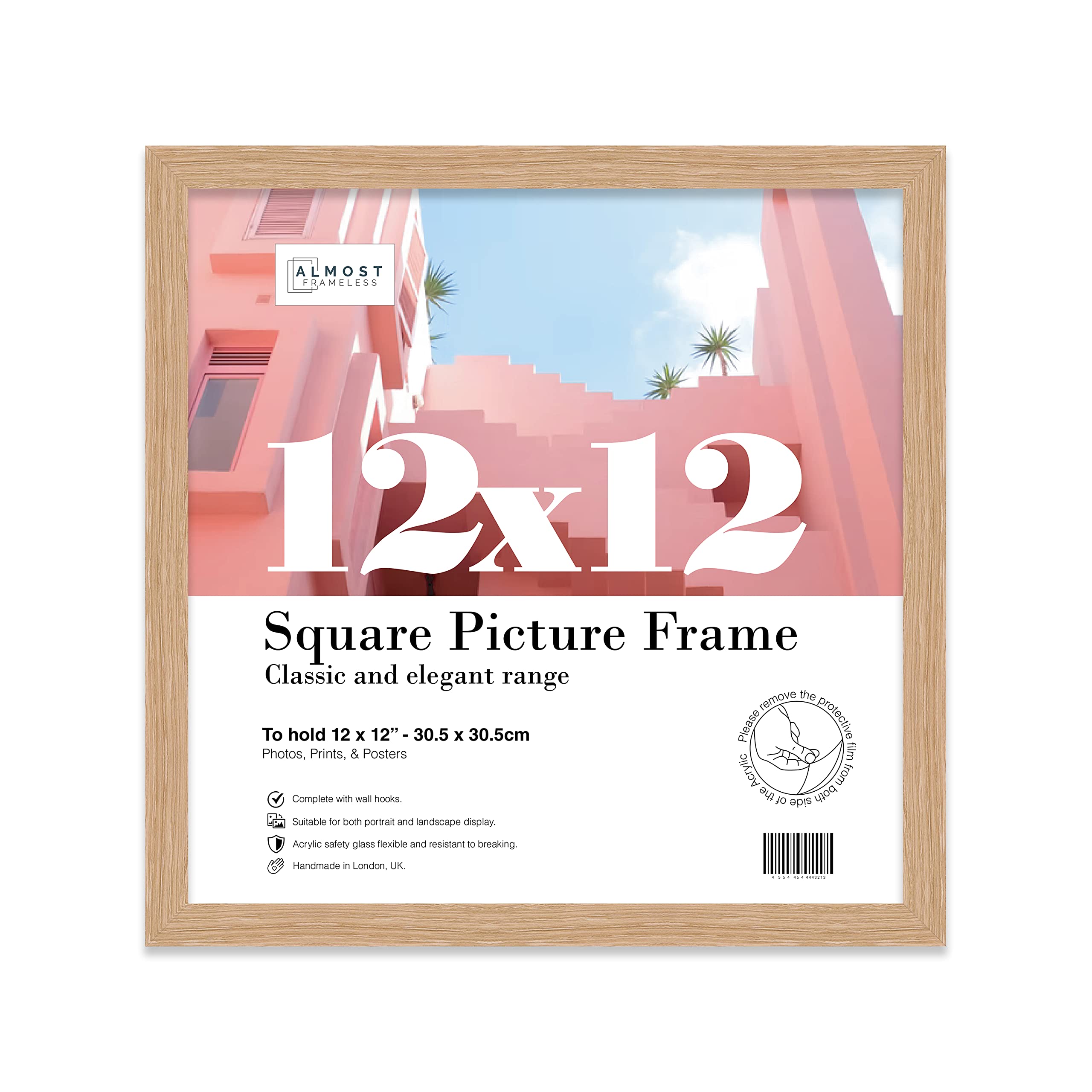 Almost Frameless 12x12 Oak Picture Frame 12"x12"(30.5x30.5cm) Poster, Photo, Artwork, or Print. Thin Edge Slim Frame Portrait and Landscape Display with Wall Hooks