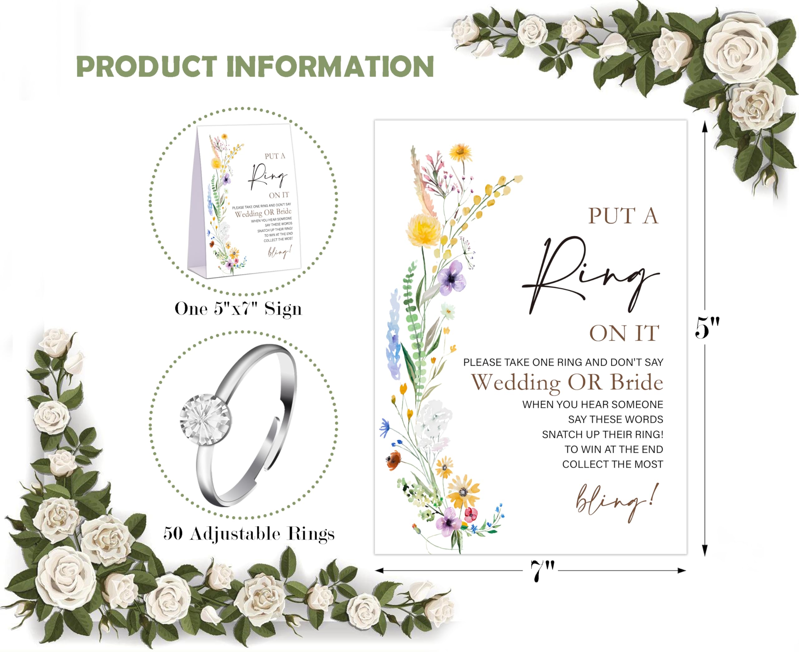 Boho Wildflower Don't say Bride or Wedding Game, Put a Ring on It Bridal Shower Game with 50 Fake Rings, Bridal Shower Decorations, Wedding Shower or Bachelorette Party Supplies - 14