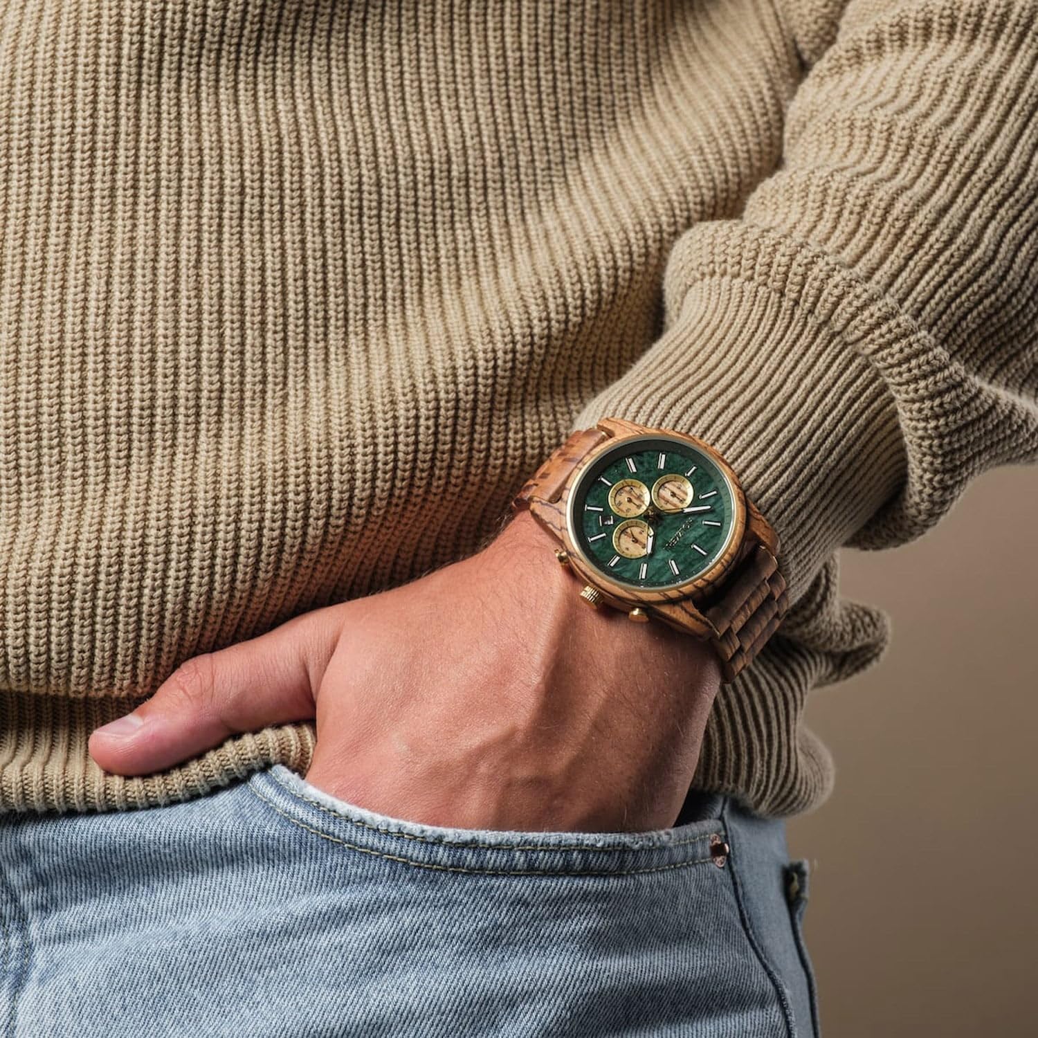 HOLZKERN Herrenuhr Chronograph Blätterdach Zebrano/Marmor 9010631016371