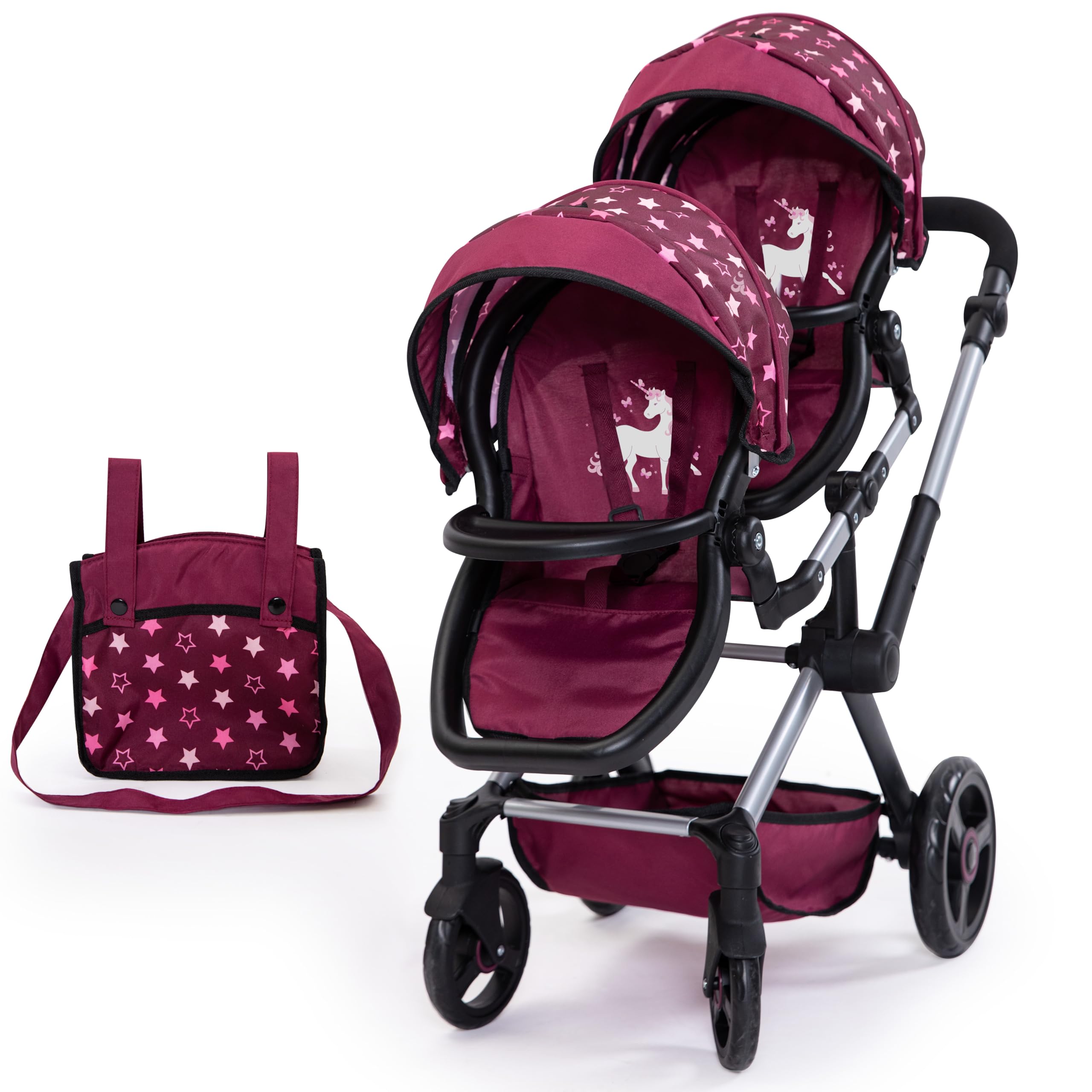 Bayer Design 26723AA Twin dolls pram, carriage, double stroller, adjustable and reversible handle, swivel front wheels, seats variable fixable, bag - 3+ ages โ image 1