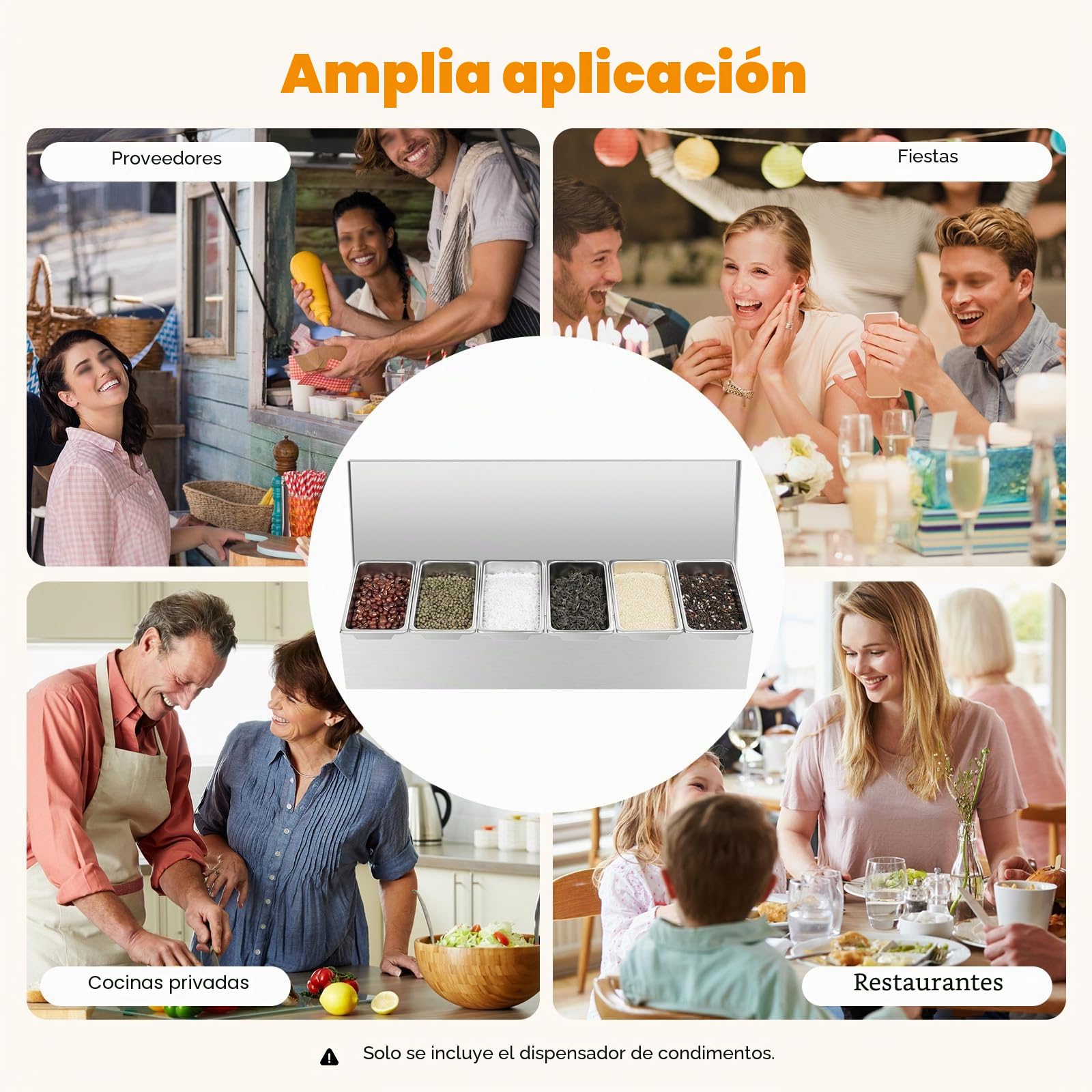 Contenedor para ingredientes de acero inoxidable, 6 compartimentos, con tapa, hermético, apilable, apto para lavavajillas, para gastro y cocina, buffet, ensalada, 46 x 15 x 9 cm