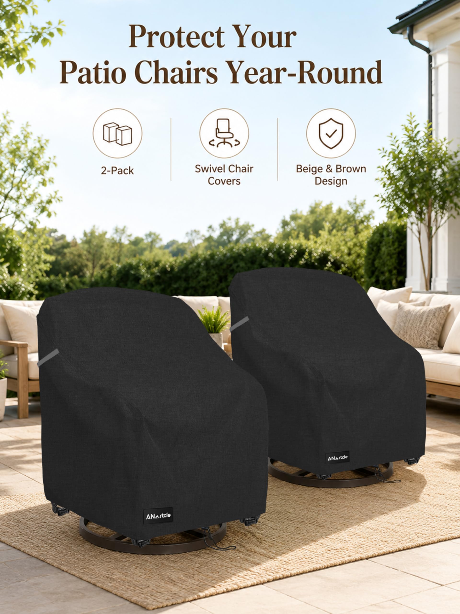 ANartcle Lot de 2 housses de chaise pivotantes imperméables et résistantes pour meubles d'extérieur (76,2 x 86,4 x 97,5 cm) - Noir.