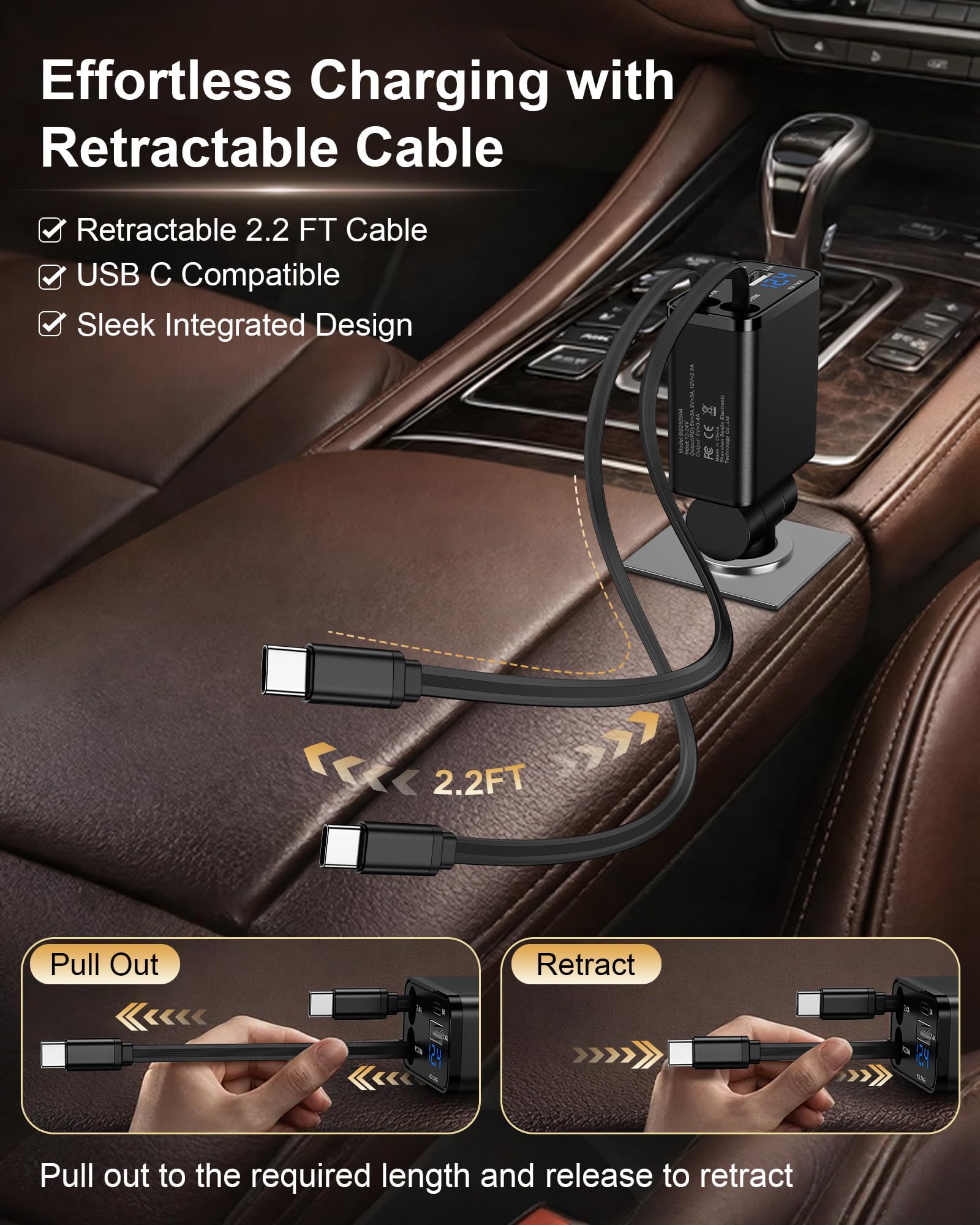 Caricatore retrattile per telefono da auto per iPhone 17 Samsung Android, 4 in 1 adattatore di ricarica veloce USB C con 2 cavi USB C flessibili, accendino USBC, regalo per uomini gadget per auto