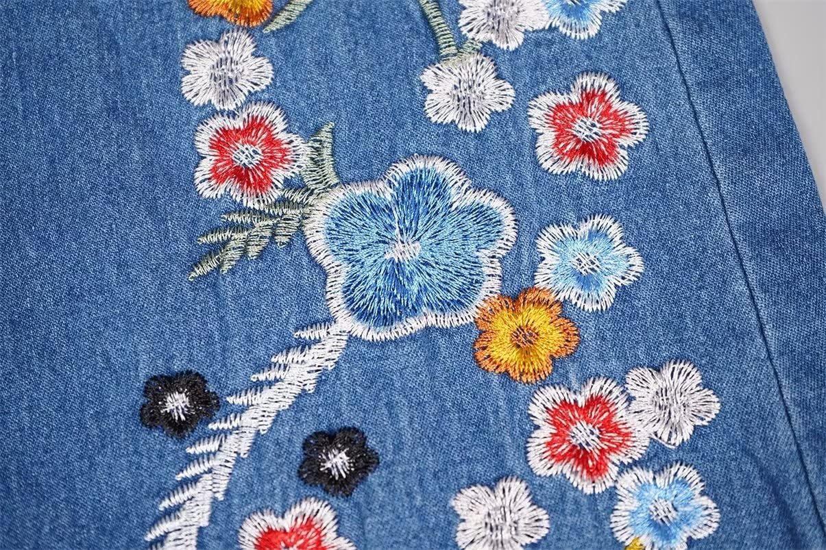 Womens Mid Rise Floral Embroidered Bell Bottom Flare Jeans Vintage Bootcut Jeans Skinny Fit Denim Pants - Image 5