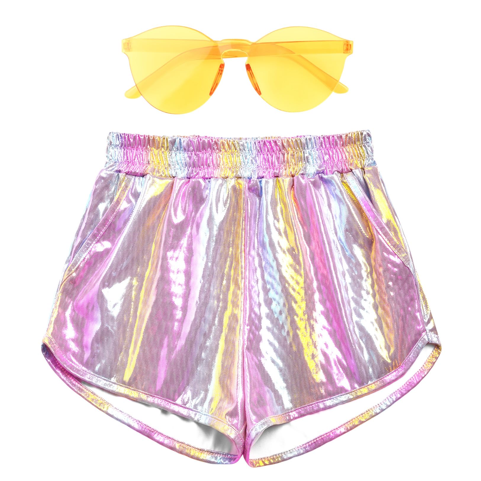 Mirawise Girls Metallic Shorts Shiny Hot Pants Sparkly Dance Outfits Short Pants with Sunglasses