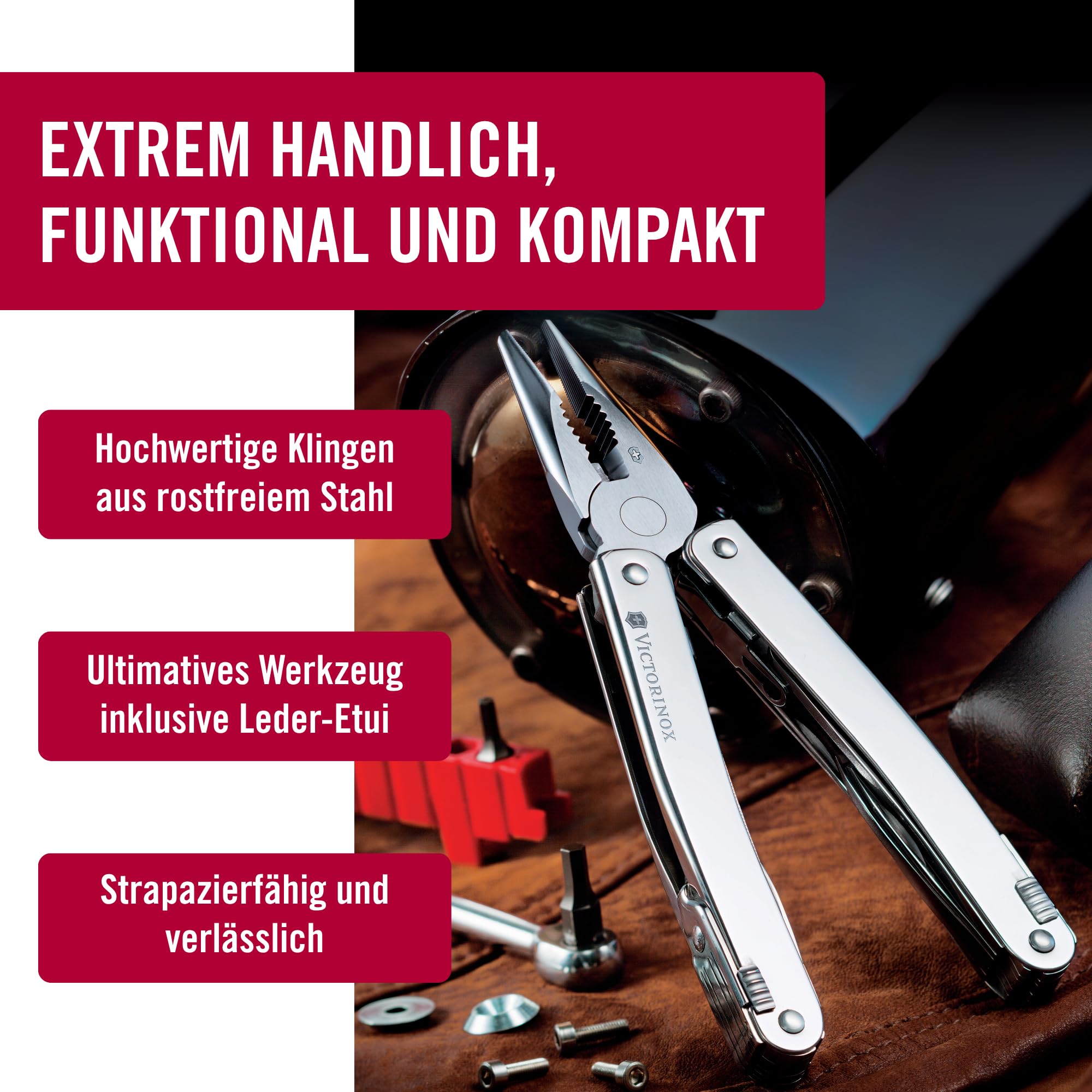 Victorinox Multifunktionswerkzeug Swiss Tool Spirit X Plus Ratchet, 36 Funktionen, Swiss Made, Multitool mit Feststellklinge, Inkl. Leder-Etui, Silber